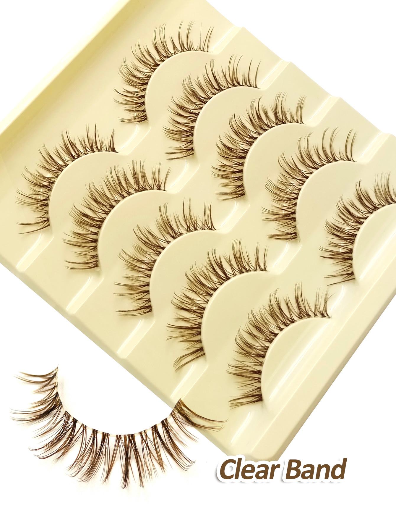 Sibeuna 5 Pairs Brown Wispy Lashes False Eyelashes- Transparent Stem Manga Eyelashes, Comic Fairy Design,Reusable False Eyelashes