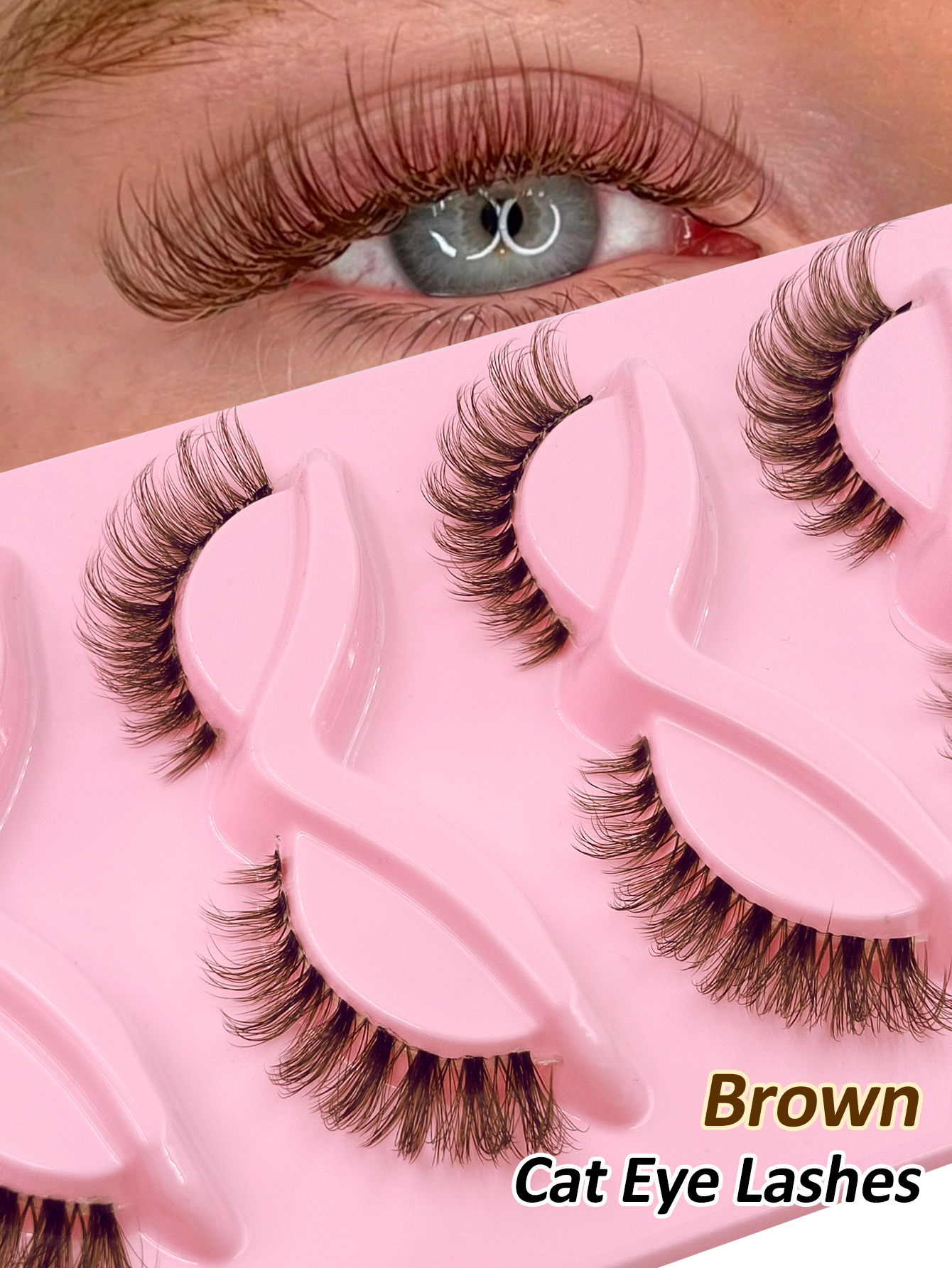 Sibeuna 5 Pairs Natural Brown Lashes Cat Eye Lashes,Beginner-friendly Reusable Use False Eyelashes,Lashes,Fake Lashes