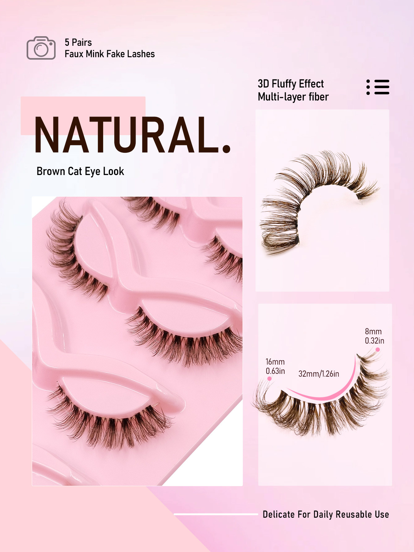 Sibeuna 5 Pairs Natural Brown Lashes Cat Eye Lashes,Beginner-friendly Reusable Use False Eyelashes,Lashes,Fake Lashes