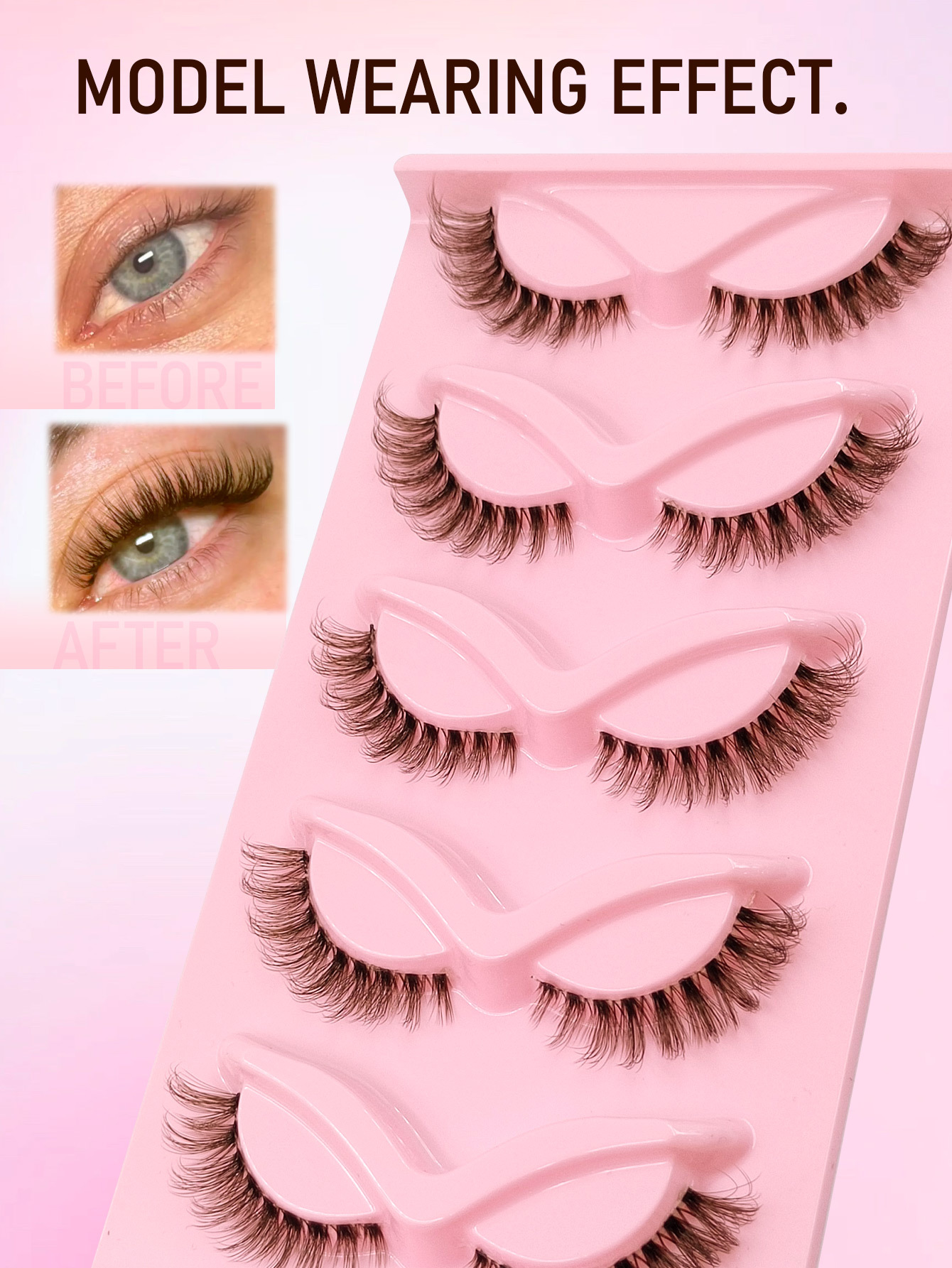 Sibeuna 5 Pairs Natural Brown Lashes Cat Eye Lashes,Beginner-friendly Reusable Use False Eyelashes,Lashes,Fake Lashes