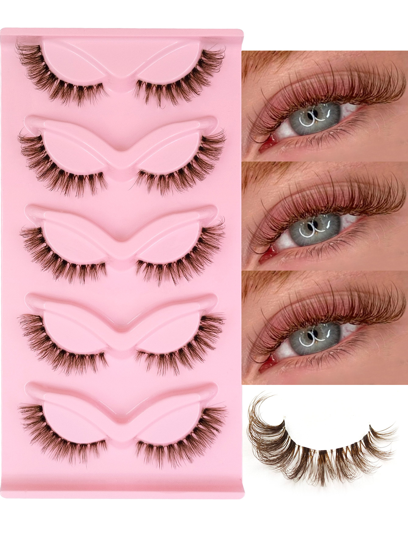 Sibeuna 5 Pairs Natural Brown Lashes Cat Eye Lashes,Beginner-friendly Reusable Use False Eyelashes,Lashes,Fake Lashes