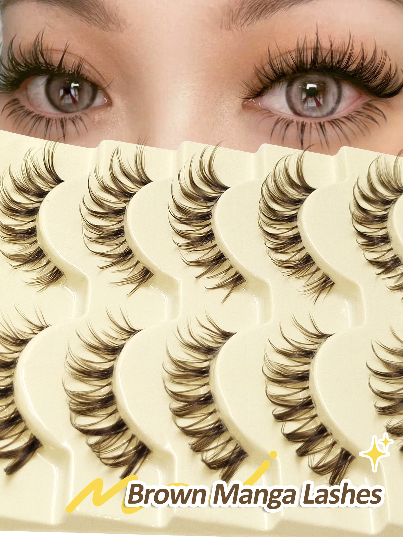 Sibeuna 5 Pairs Natural Look False Eyelashes Brown Lashes - Transparent Stem Manga Eyelashes, Comic Fairy Design, Perfect for Role-Playing,Reusable False Eyelashes