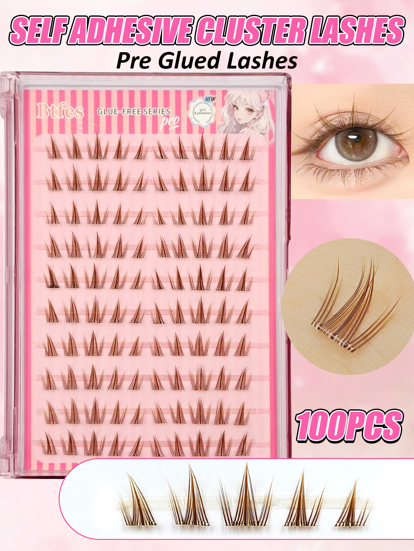 Sibeuna 100Pcs Glue-Free Self Adhesive Brown Cluster Lashes Pre-Glued Spiky Manga Individual Segmented False Eyelashes Reusable No Extra Glue Required DIY Eye Makeup Lashes