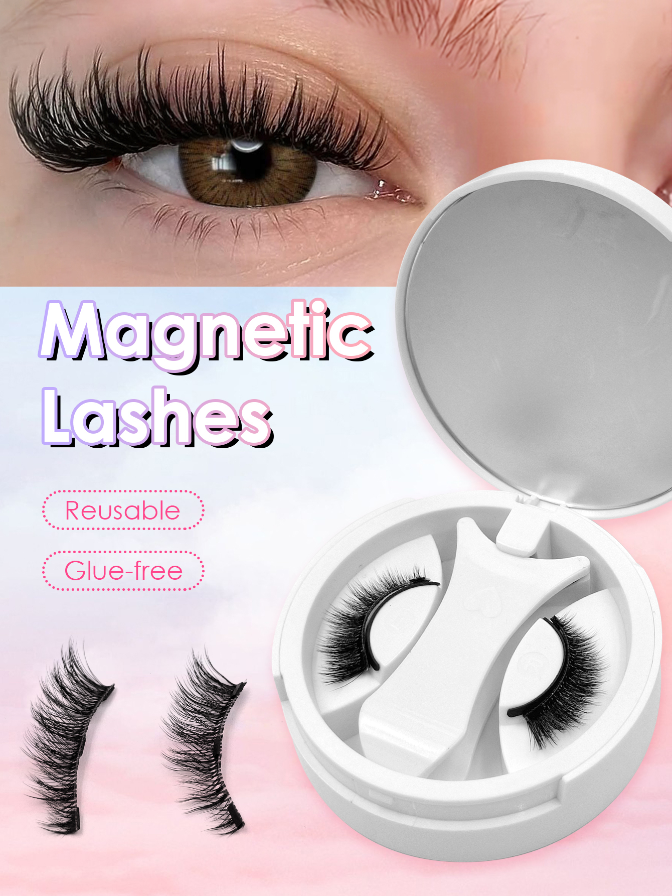 Sibeuna 1 Pair Eyelashes and Magnetic Clips, Magnetic Eyelash Brush with Magnetic False Eyelashes, Magnetic Eyelash Set, False Eyelashes, Natural and Thick Magnetic Eyelash Set with Applicator - Reusable Portable Magnetic Eyelash