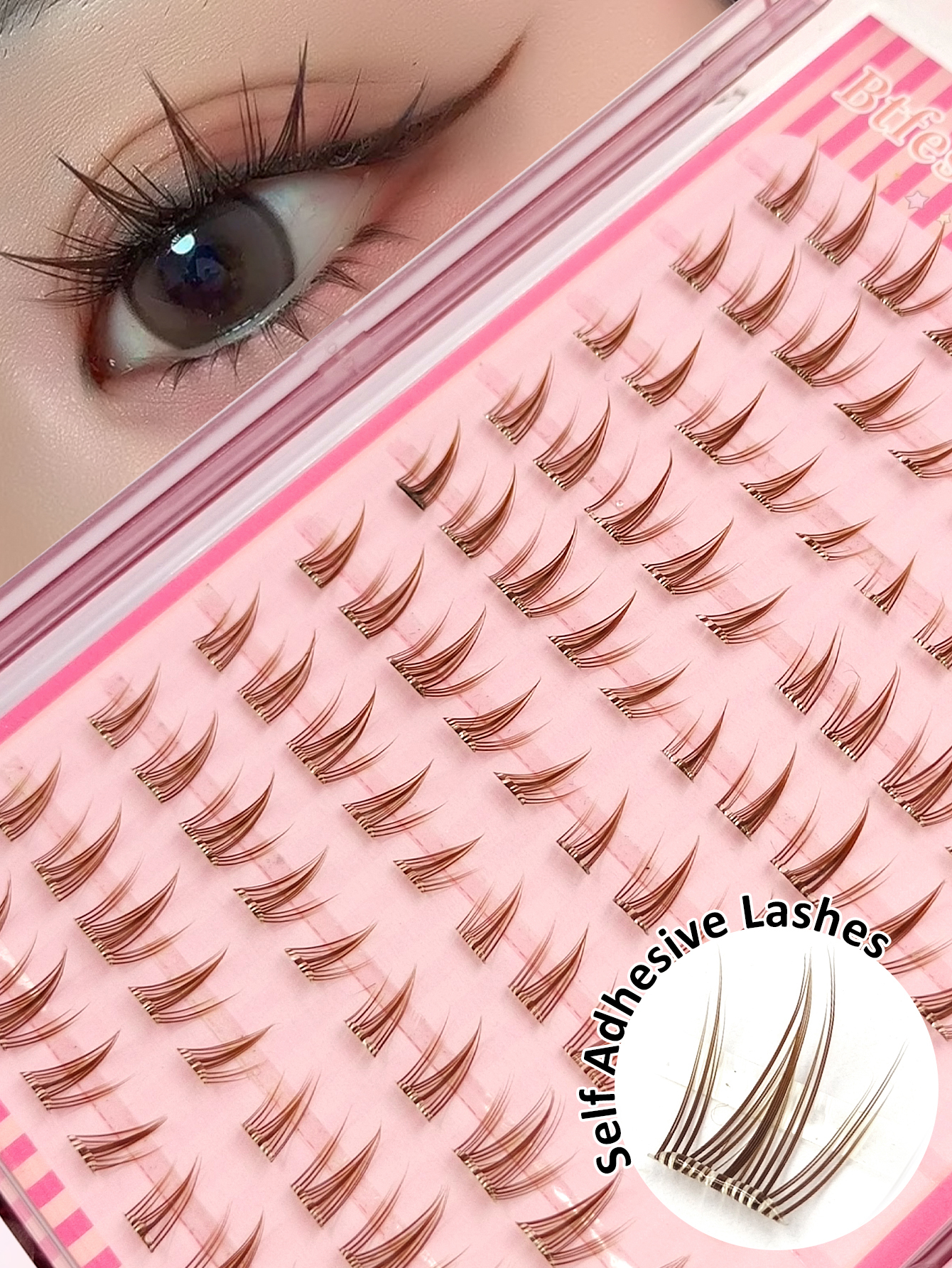 Sibeuna 100Pcs Glue-Free Self Adhesive Brown Cluster Lashes Pre-Glued Spiky Manga Individual Segmented False Eyelashes Reusable No Extra Glue Required DIY Eye Makeup Lashes