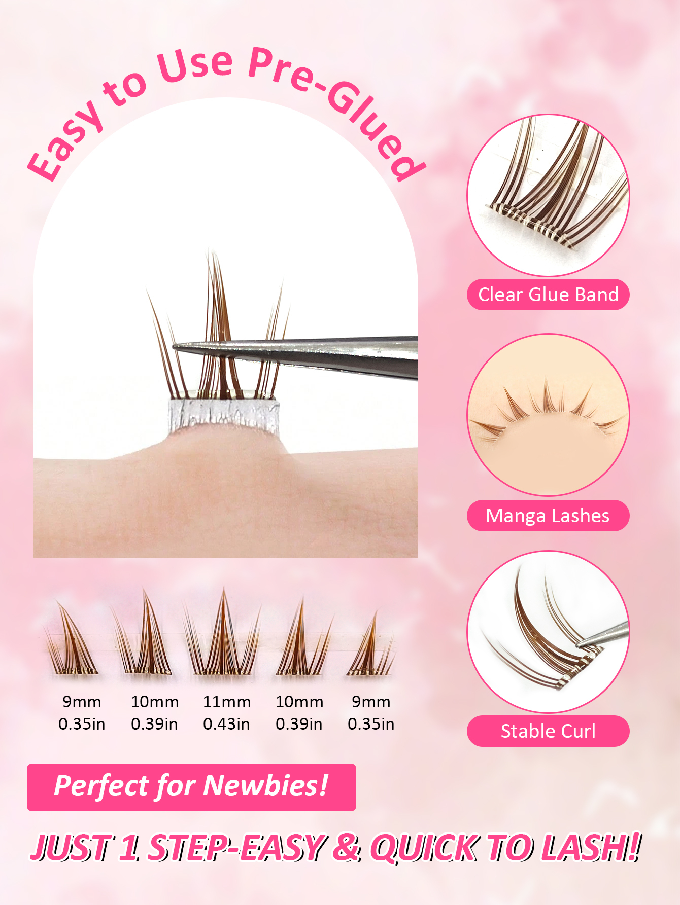 Sibeuna 100Pcs Glue-Free Self Adhesive Brown Cluster Lashes Pre-Glued Spiky Manga Individual Segmented False Eyelashes Reusable No Extra Glue Required DIY Eye Makeup Lashes