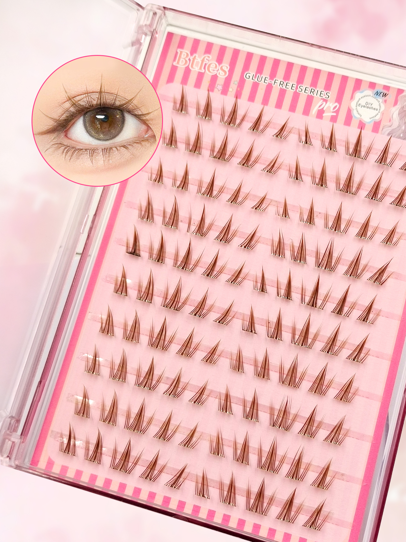 Sibeuna 100Pcs Glue-Free Self Adhesive Brown Cluster Lashes Pre-Glued Spiky Manga Individual Segmented False Eyelashes Reusable No Extra Glue Required DIY Eye Makeup Lashes