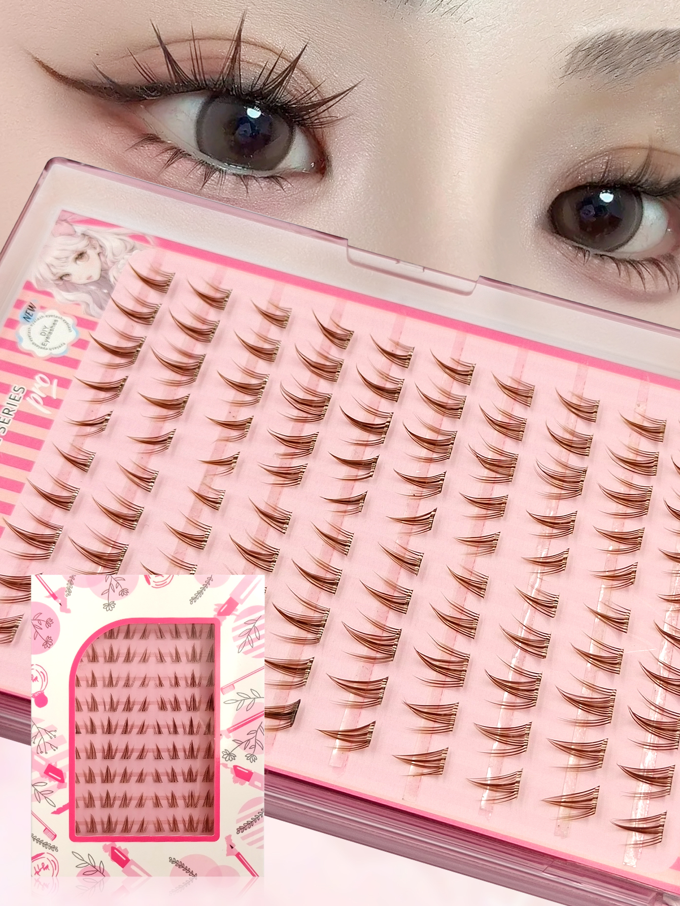 Sibeuna 100Pcs Glue-Free Self Adhesive Brown Cluster Lashes Pre-Glued Spiky Manga Individual Segmented False Eyelashes Reusable No Extra Glue Required DIY Eye Makeup Lashes