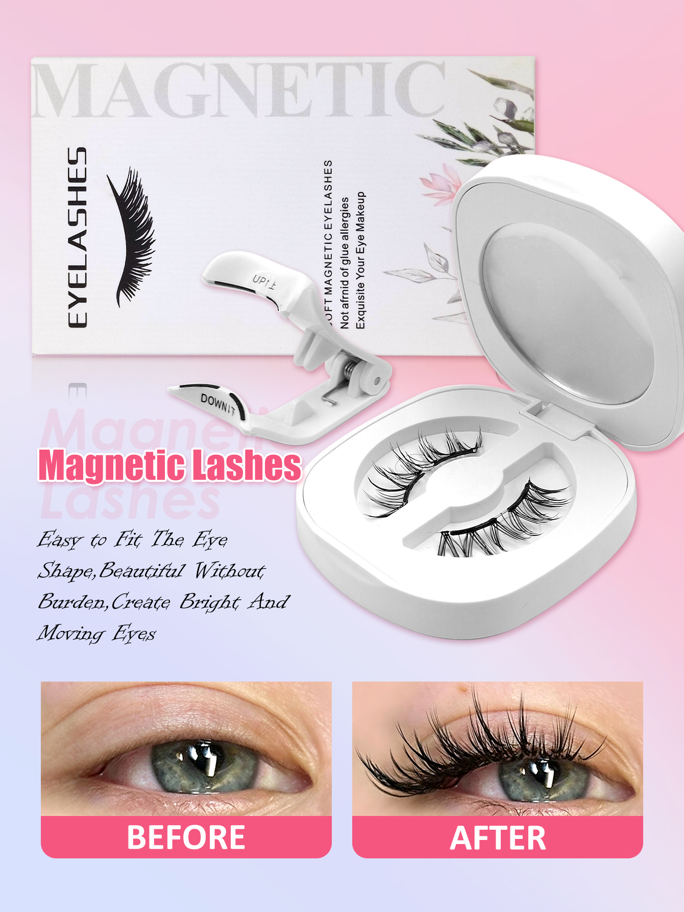 Sibeuna Newly Upgraded 1 Pair of Magnetic False Eyelash With Magnetic Eyelash Curler, Reusable Naturally Long Crossed Magnetic Eyelash, Transparent stem Magnetic Eyelash, Suitable for Dates, Beginners to Use
