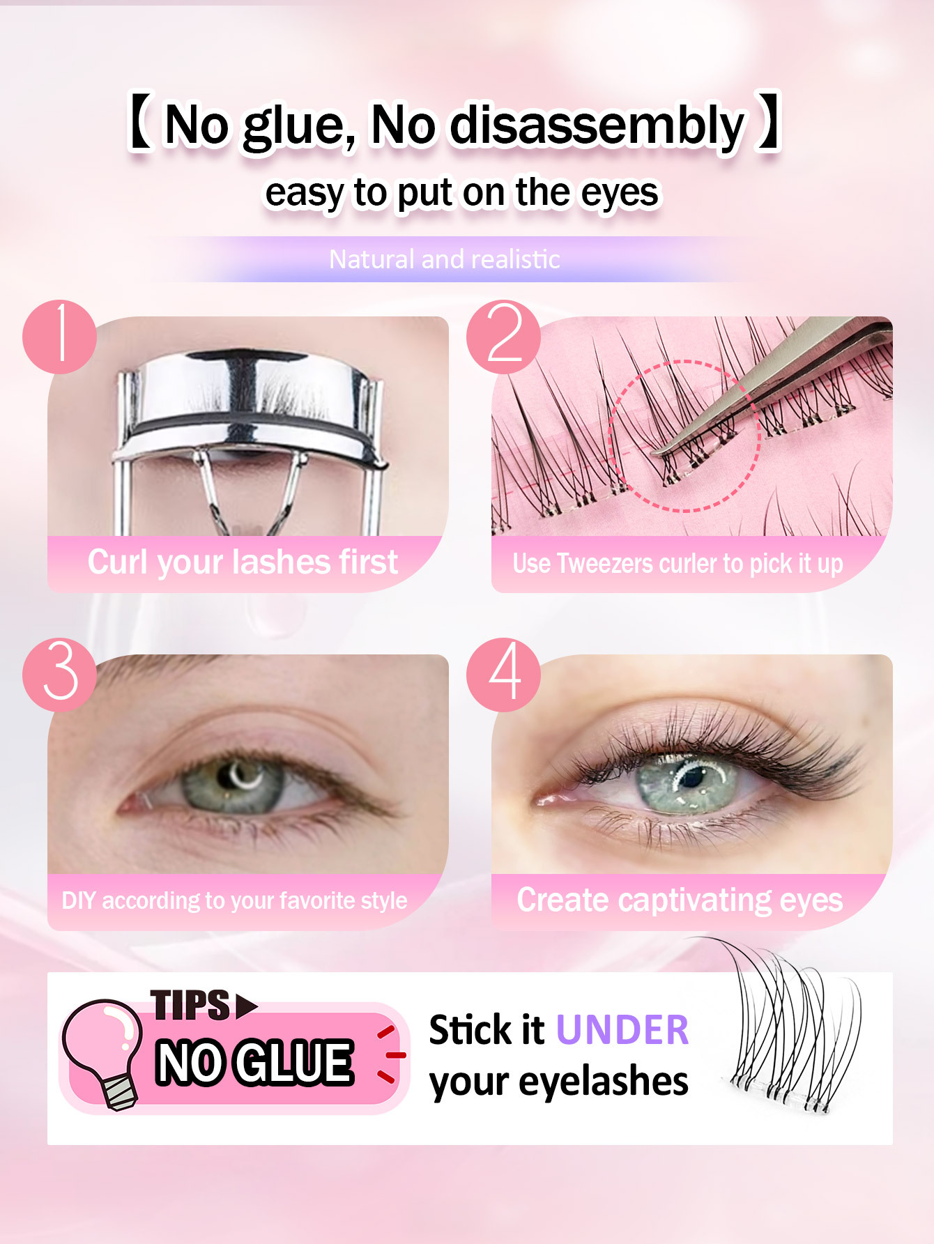 Sibeuna 120 Pcs Soft Natural Realistic C Curl Individual Lash Clusters , 14mm No Glue Needed Individual Eyelash Self Adhesive DIY Eyelash Extension Pre-Glued Cluster Eyelash, Transparent Strap Fish Tail Style Eyelash Clusters, No Glue Need