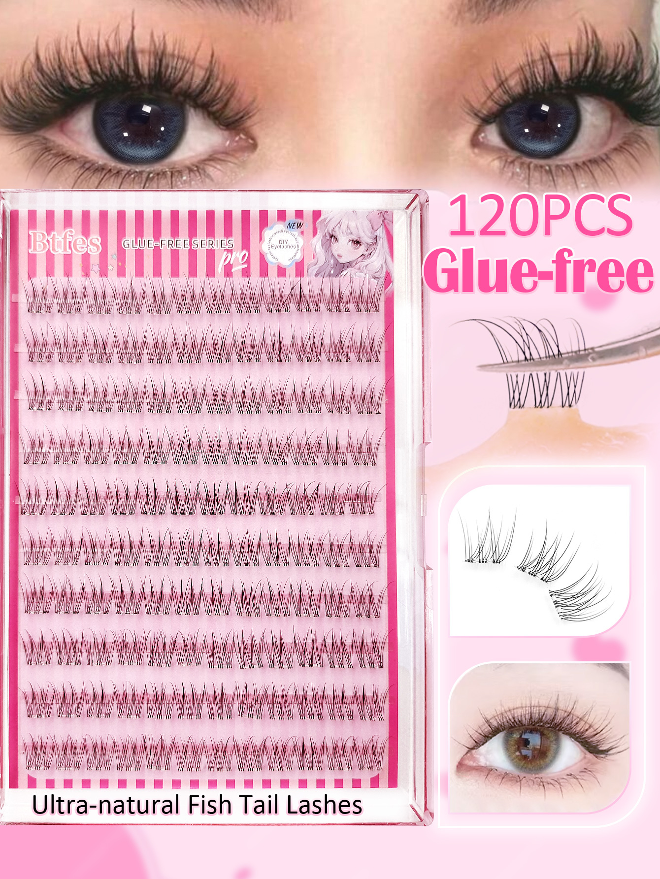 Sibeuna 120 Pcs Soft Natural Realistic C Curl Individual Lash Clusters , 14mm No Glue Needed Individual Eyelash Self Adhesive DIY Eyelash Extension Pre-Glued Cluster Eyelash, Transparent Strap Fish Tail Style Eyelash Clusters, No Glue Need