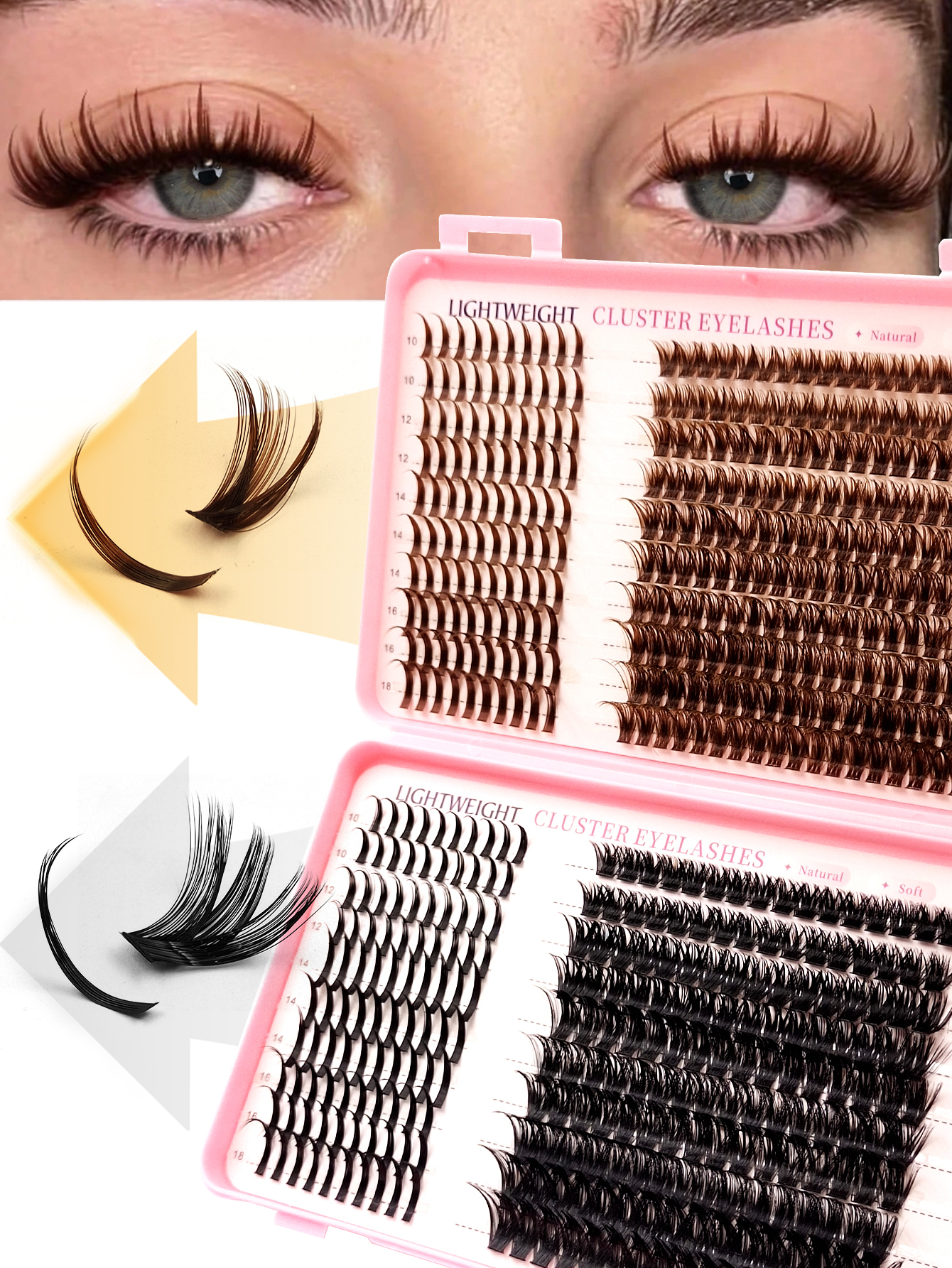 Sibeuna  560 Pcs D Curl Light Brown+Black Large Capacity Lashes,Brown Spike Lashes+80D Cluster Lashes And Black Spike Lashes+100D Cluster Lashes Fluffy&Wispy&Soft,Lashes With Spikes,Espresso Lashes，Mocha Lashes,For Daily Style Eye Makeup