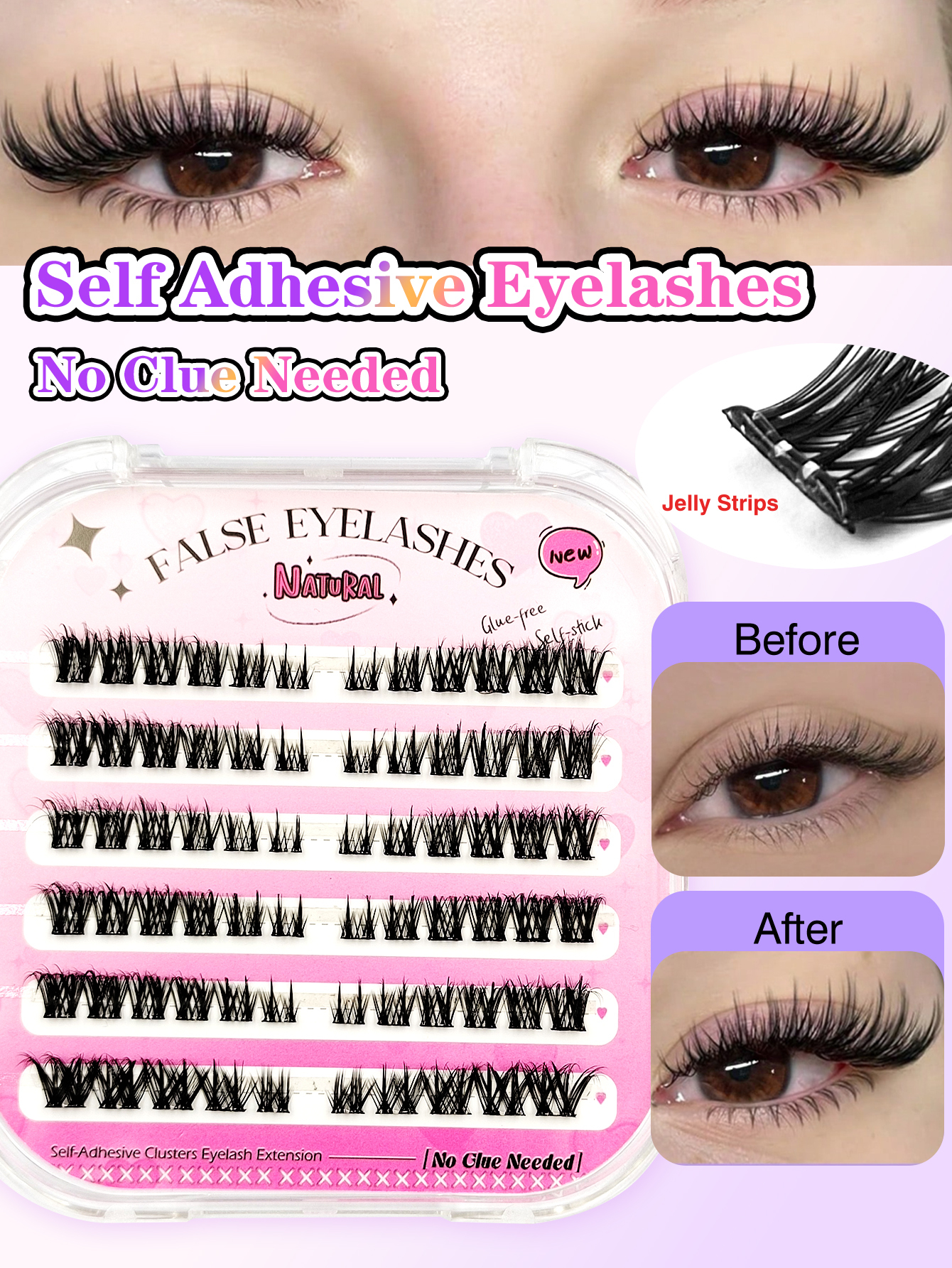 Sibeuna 72 Pcs D Curl Self-Adhesive Cluster Lashes,Cat Eye Lashes DIY Individual Eyelashes,Natural Soft Self Adhesive Lashes,Pre Glued Lashes,No-Glue Lashes,For Daily Style Eye Makeup