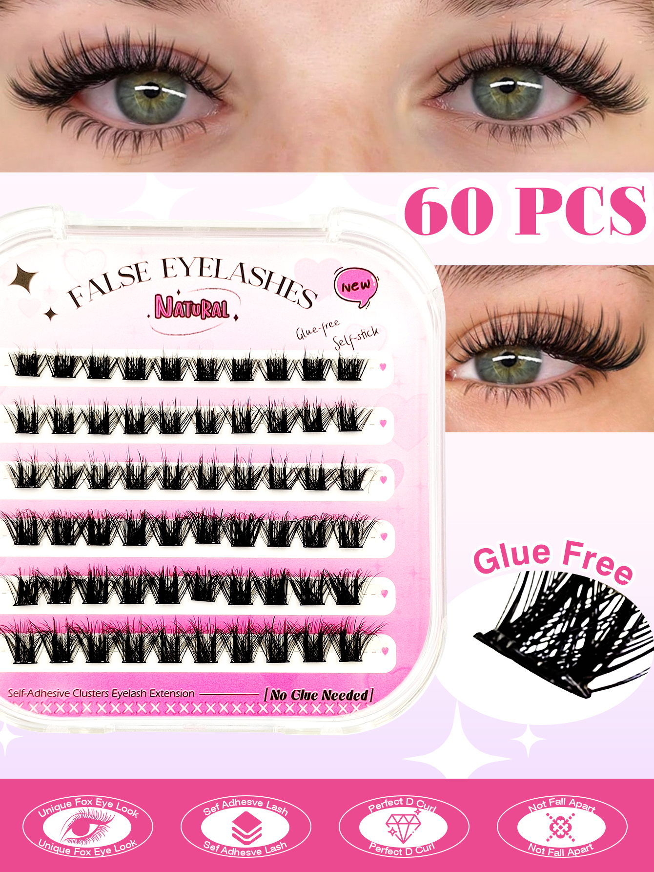 Sibeuna 60 Pcs D Curl Fluffy Self Adhesive Eyelashes Clear Band Soft Cat Eye Lashes Wear No Glue Needed Lashes,Reusable,Comfortable And Novice Friendly,Pre Glued Lashes,No-Glue Lashes,For Daily Style Eye Makeup