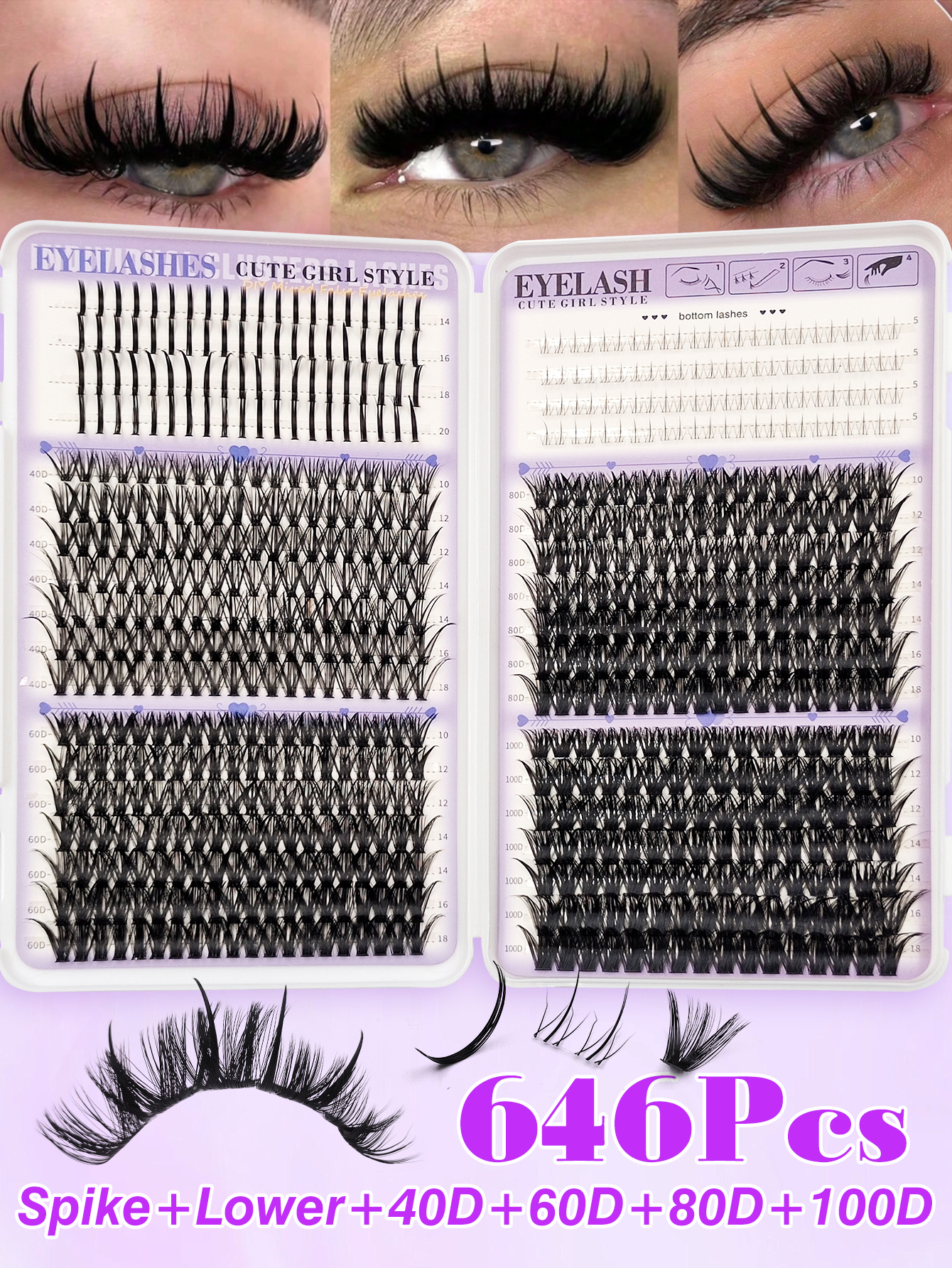 Sibeuna  646 Pcs D Curl Bottom Lashes+Spikes Lashes +40D+60D+80D+100D Suitable For Makeup, Eyelash Extension, DIY Lashes, DIY Eyelash Extension At Home
