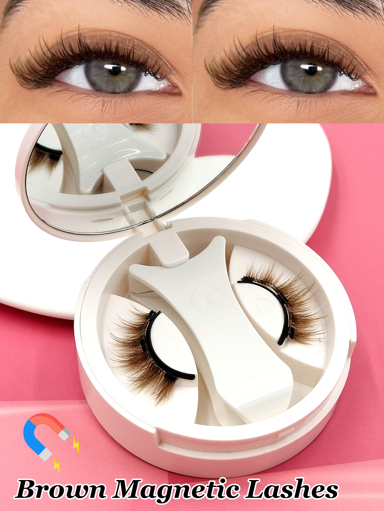 Sibeuna A Pair Of Brown Magnetic False Eyelashes, Brown Half Eyelash Model, Short Magnetic Eyelashes, Natural Cat Eye Makeup Effect Reusable, Suitable For Extending Eyelashes