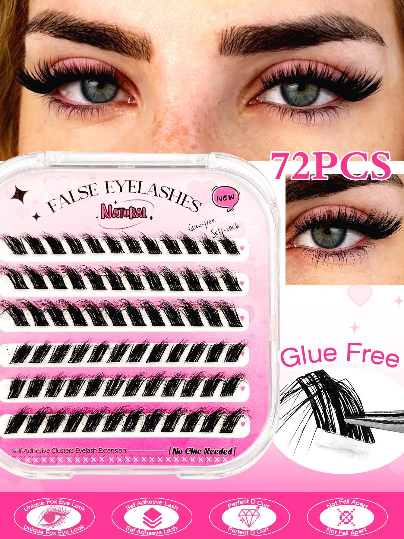 Sibeuna 72 Pcs Self Adhesive Lashes,Fox Eye Lashes,Clear Band Soft Fluffy Wear No Glue Needed Lashes,Natural Makeup Effect,Reusable,Comfortable And Novice Friendly,Self Adhesive Lashes,Pre Glued Lashes