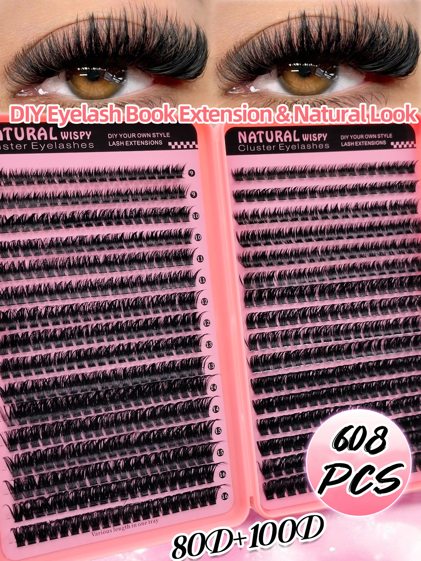 Sibeuna  608PCS Eyelashes Book D Curl Natural&Thick & Fluffy Extension 80D+100D Lashes DIY Cluster Eyelashes Party,Travel,Vocation,Beach Portable Lashes