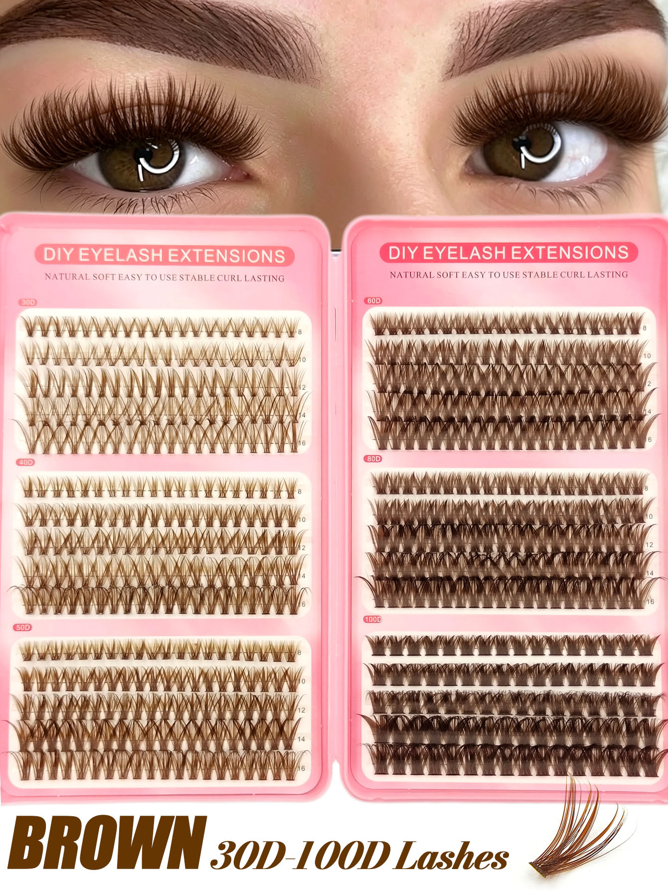 Sibeuna 580Pcs D Curl Brown Clusters Lashes 30D-100D Eyelashes Thick & Dramatic Look Lashes Wispy Daily Soft Light Reusable False Eyelashes Suitable For Beginners Travel Essentials