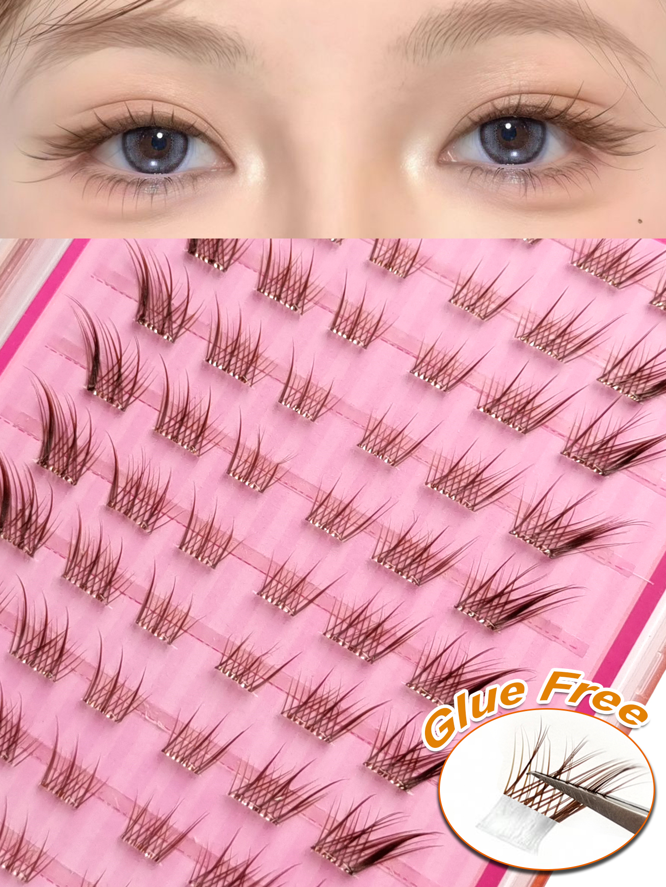 Sibeuna 60Pcs Brown No Glue Needed Eyelashes C Curl Fox Eye Lashes End Eye Elongated Self Adhesive Eyelash Fox Style DIY Lashes Natural and Realistic False Eyelashes With Segmented Design Large Capacity Eyelash With Upward-Angled