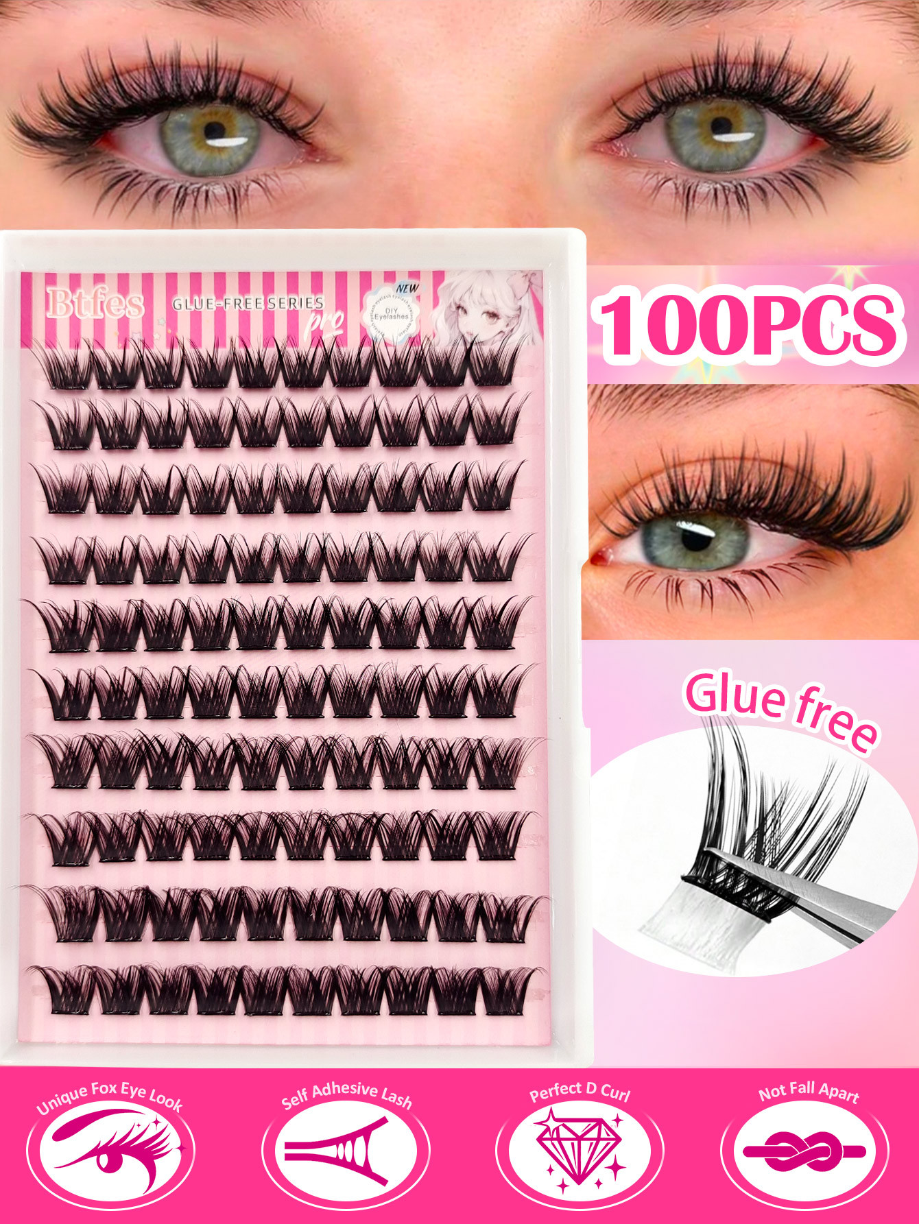 Sibeuna 100Pcs Self Adhesive Lashes Cluster, D Curl Fluffy Wispy, 8-16mm No Glue Needed Individual Eyelash Self Adhesive DIY Pre-Glued Cluster Eyelash Natural Soft Eyelash Clusters,No Remover,Simplicity Of Operator Black False Eyelashes For Beginners