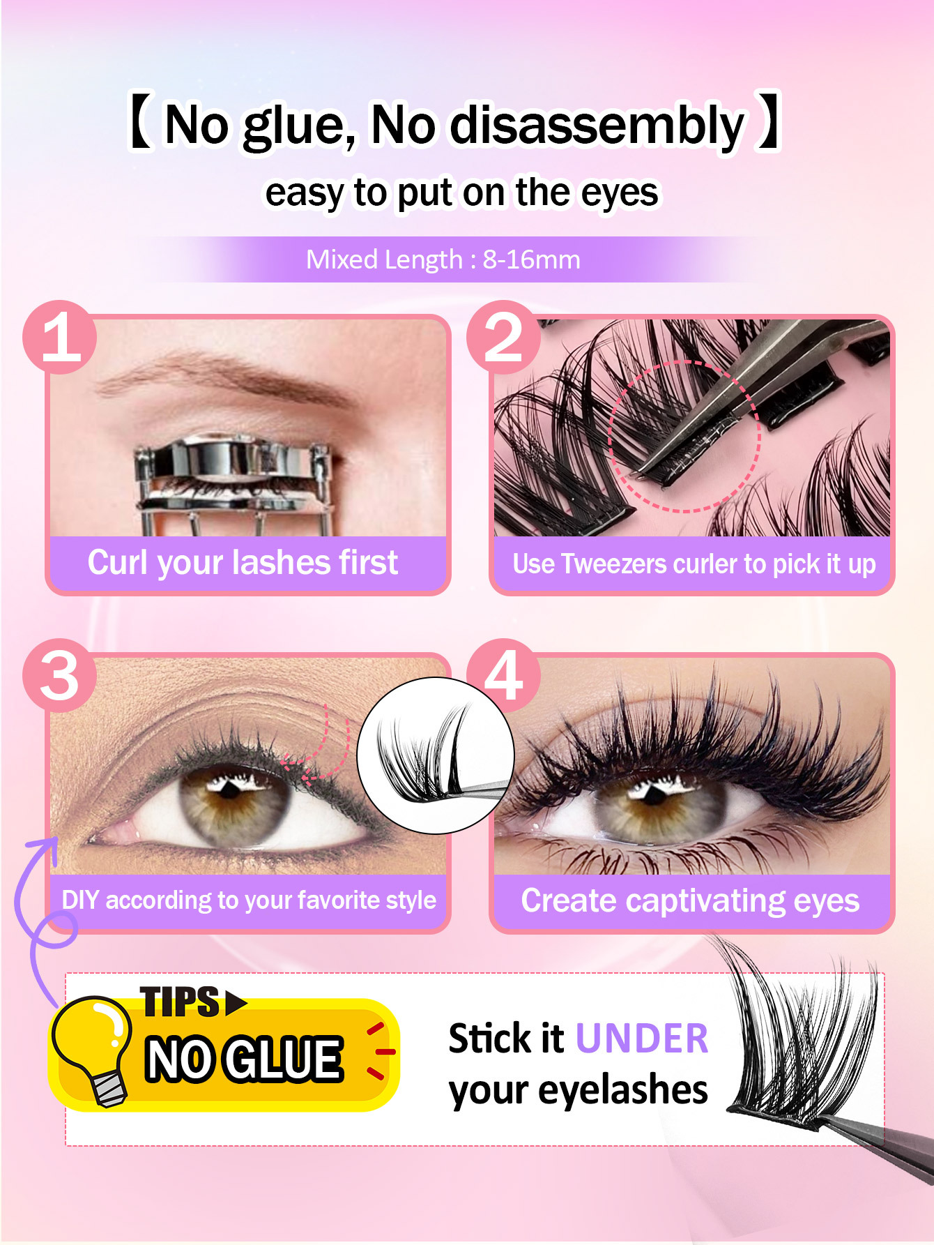 Sibeuna 100Pcs Self Adhesive Lashes Cluster, D Curl Fluffy Wispy, 8-16mm No Glue Needed Individual Eyelash Self Adhesive DIY Pre-Glued Cluster Eyelash Natural Soft Eyelash Clusters,No Remover,Simplicity Of Operator Black False Eyelashes For Beginners