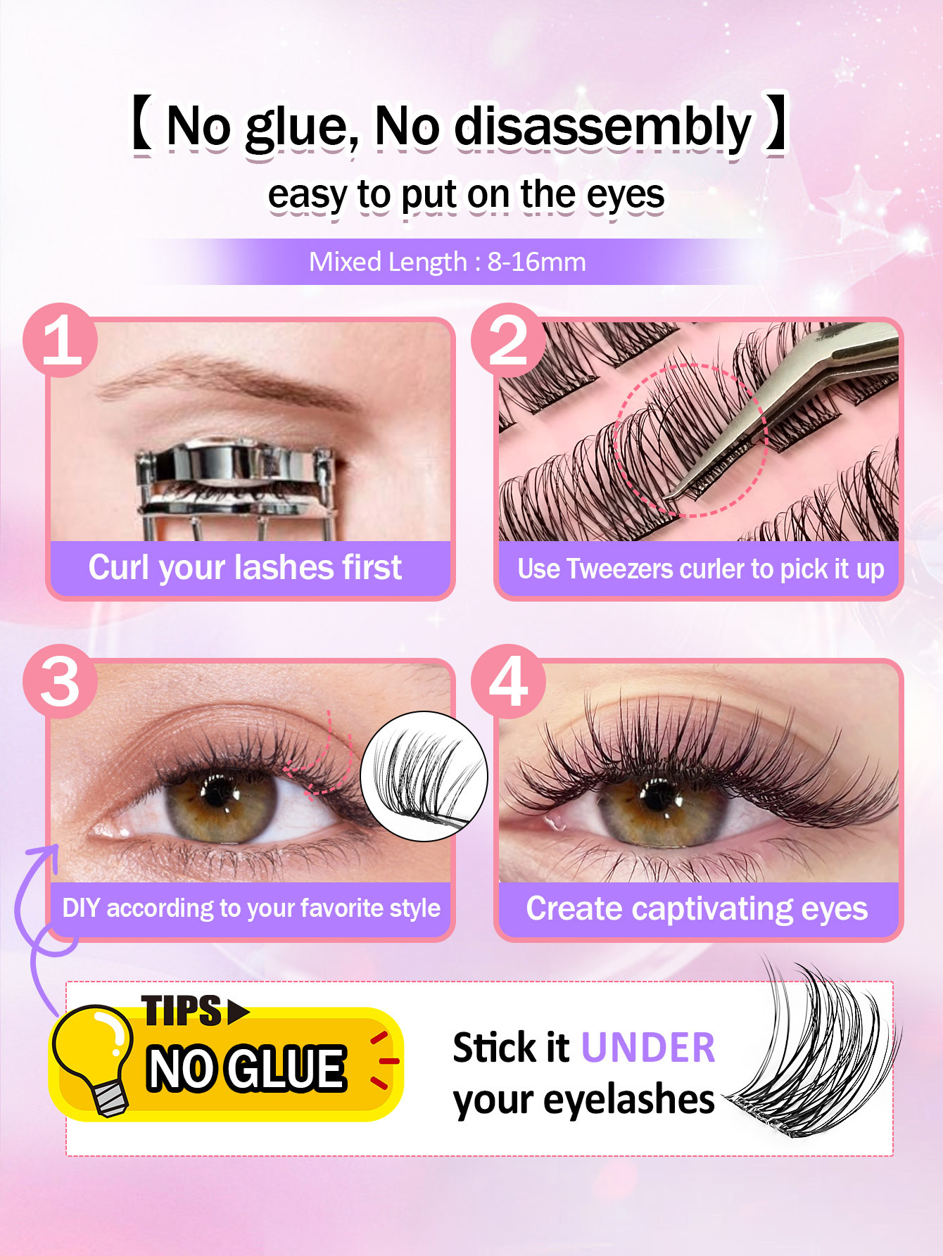 Sibeuna 120Pcs Self Adhesive Lashes Cluster, D Curl Fluffy Wispy, 8-16mm No Glue Needed Individual Eyelash Self Adhesive DIY Pre-Glued Cluster Eyelash Natural Soft Eyelash Clusters,No Remover,Simplicity Of Operator Black False Eyelashes For Beginners