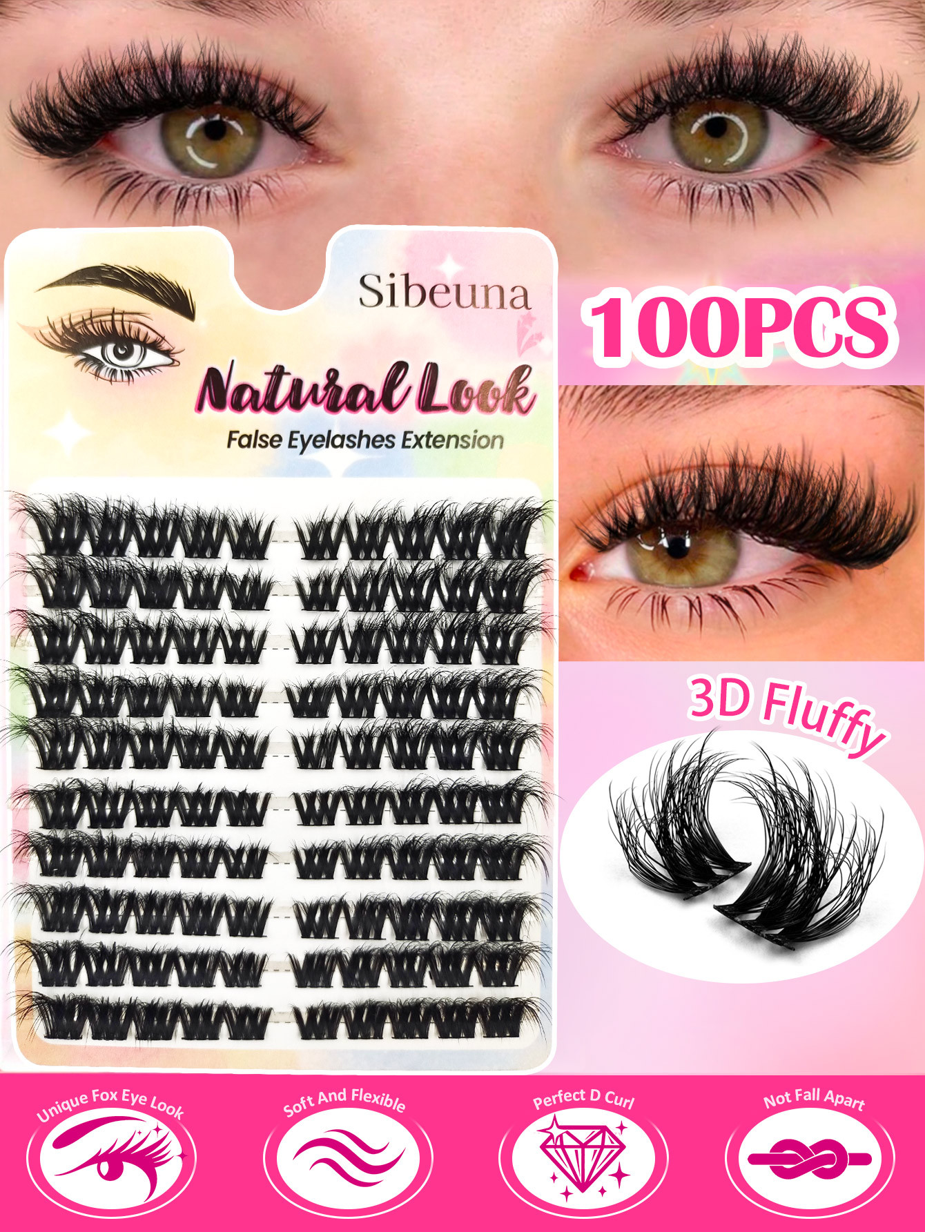 Sibeuna 100pcs D-Curl Quality Fibers Thin False Eyelashes, 11-16mm Mixed Length, Fluffy & Lengthening Individual Lashes, Charm & Volume, Suitable For Home Lash Extension, Beginners Clusters Lashes,DIY Cat Eye Lashes,Natural Eyelashes