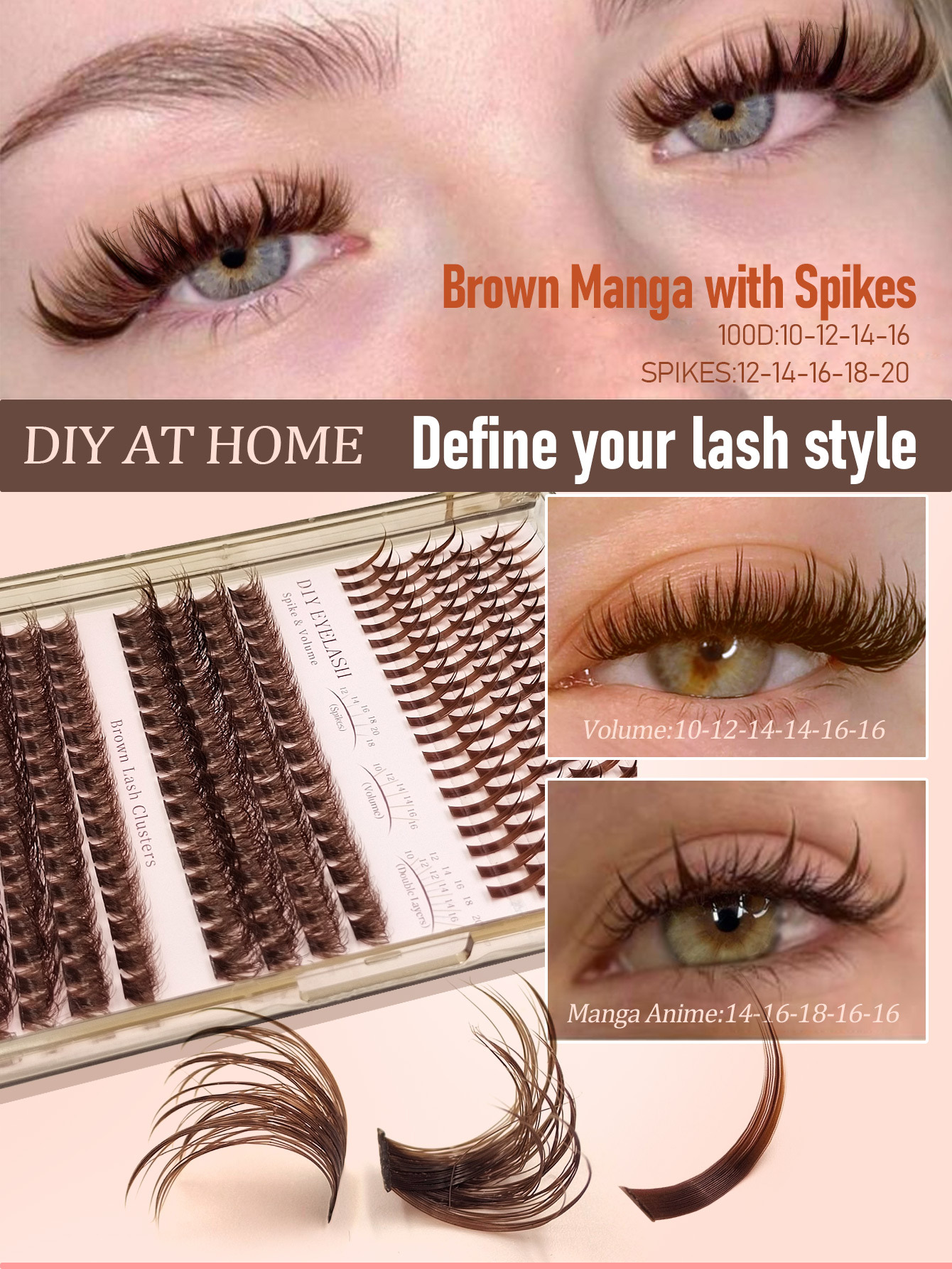 Sibeuna 3 IN 1 Brown Lash Clusters 228PCS 100D Fluffy Wet Long 10-20mm Brown Fairy Eyelash Volume Individual Lashes DIY Spiky Lash Extension Manga Faux Mink Strip Lashes Thick Lash Clusters,Lashes