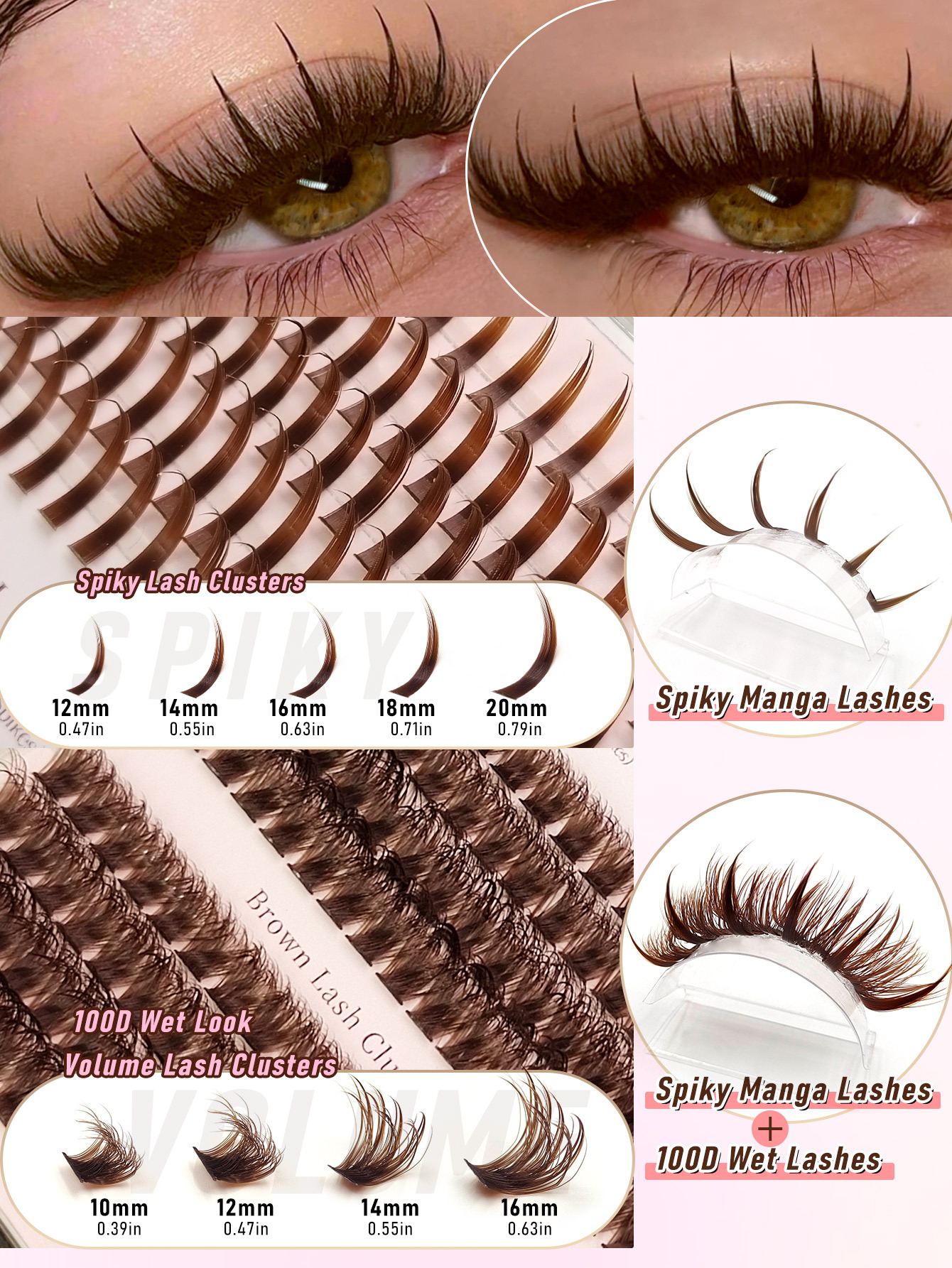 Sibeuna 3 IN 1 Brown Lash Clusters 228PCS 100D Fluffy Wet Long 10-20mm Brown Fairy Eyelash Volume Individual Lashes DIY Spiky Lash Extension Manga Faux Mink Strip Lashes Thick Lash Clusters,Lashes