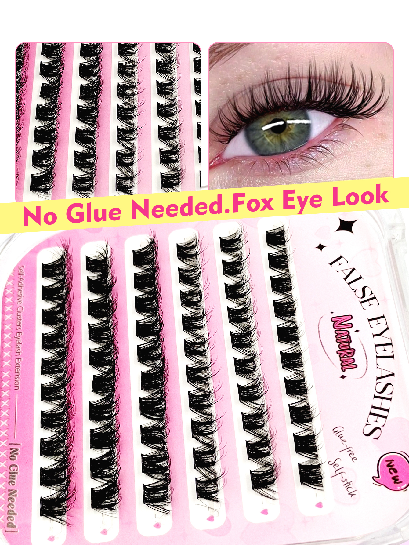 Sibeuna 60 Pcs D Curl Fluffy Self Adhesive Eyelashes Clear Band Soft Cat Eye Lashes Wear No Glue Needed Lashes,Reusable,Comfortable And Novice Friendly,Pre Glued Lashes,No-Glue Lashes,For Daily Style Eye Makeup