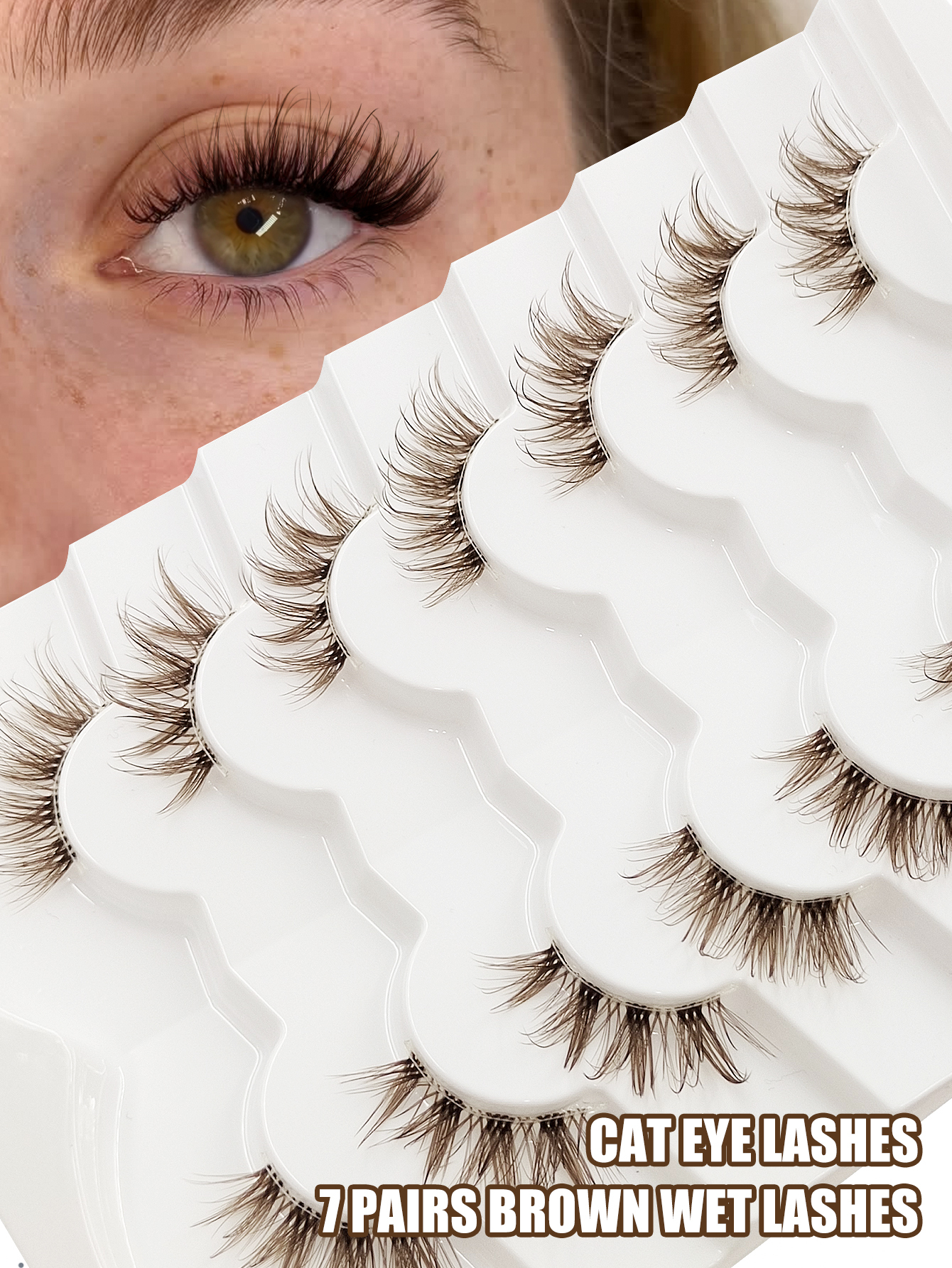 Sibeuna 7 Pairs Brown Lashes Half Lashes Wet Lashes Clear Band Cat Eye Lashes For Daily Style,Dating,Party,Music Festival,Travel Makeup,False Eyelashes,Fake Eyelashes,Strip Lashes