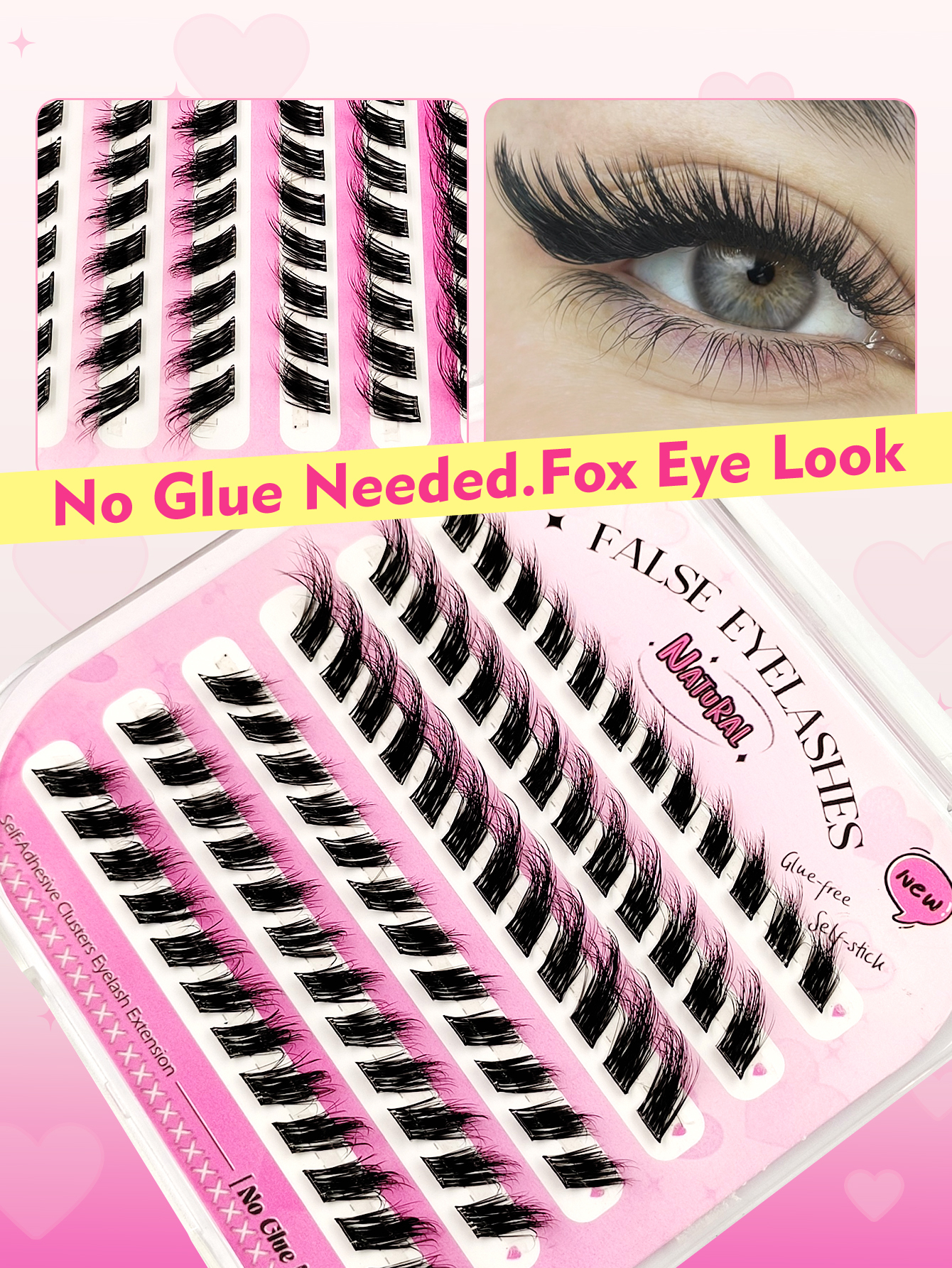 Sibeuna 72 Pcs Self Adhesive Lashes,Fox Eye Lashes,Clear Band Soft Fluffy Wear No Glue Needed Lashes,Natural Makeup Effect,Reusable,Comfortable And Novice Friendly,Self Adhesive Lashes,Pre Glued Lashes