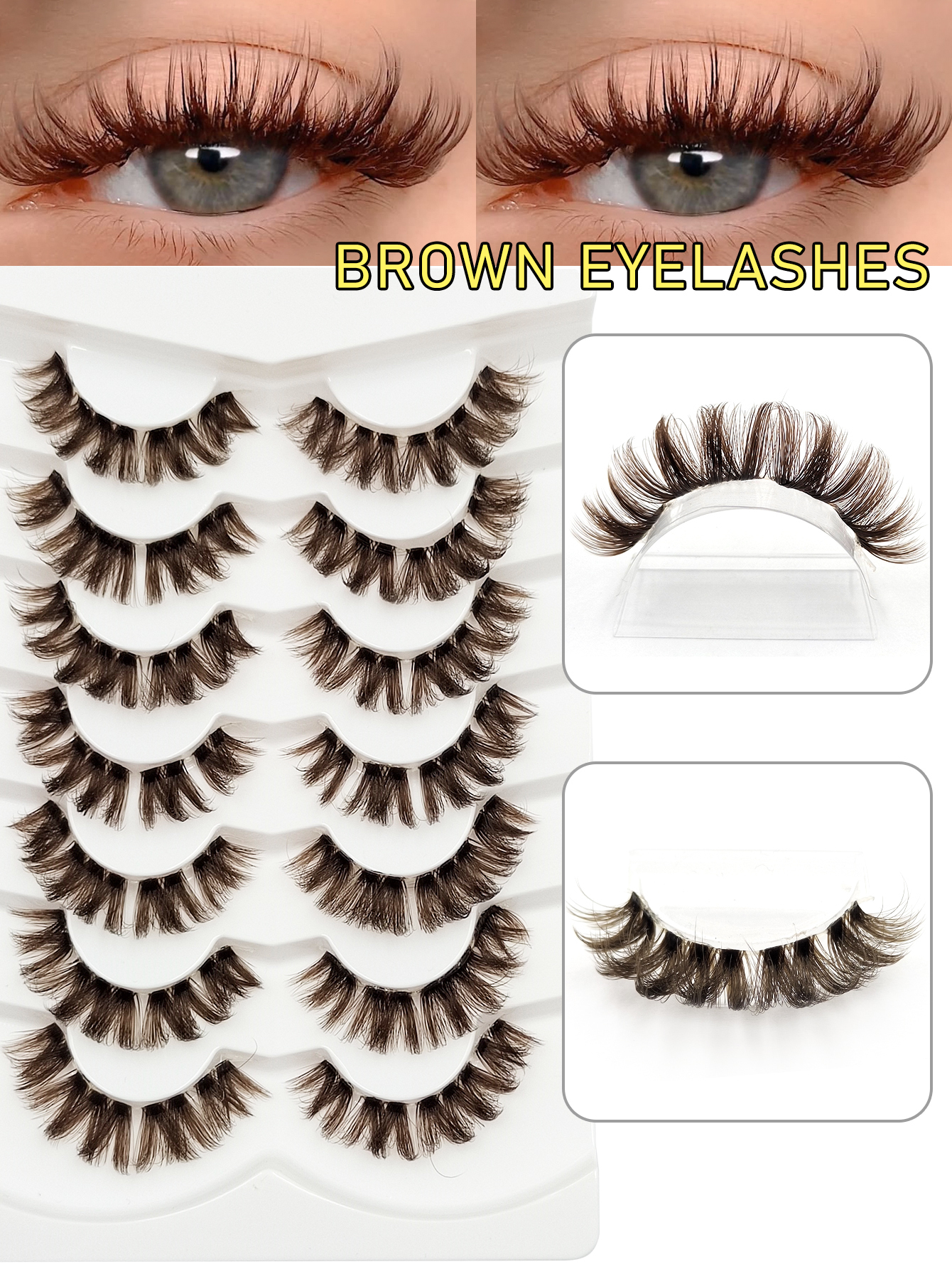 Sibeuna 7 Pairs Of Brown Fluffy Thick Eyelashes Clear Band,Faux Mink Lashes,For Beginners Easy To Use Salon-Quality Long-Lasting False Eyelash Extensions,Strip Lashes,Brown Lashes