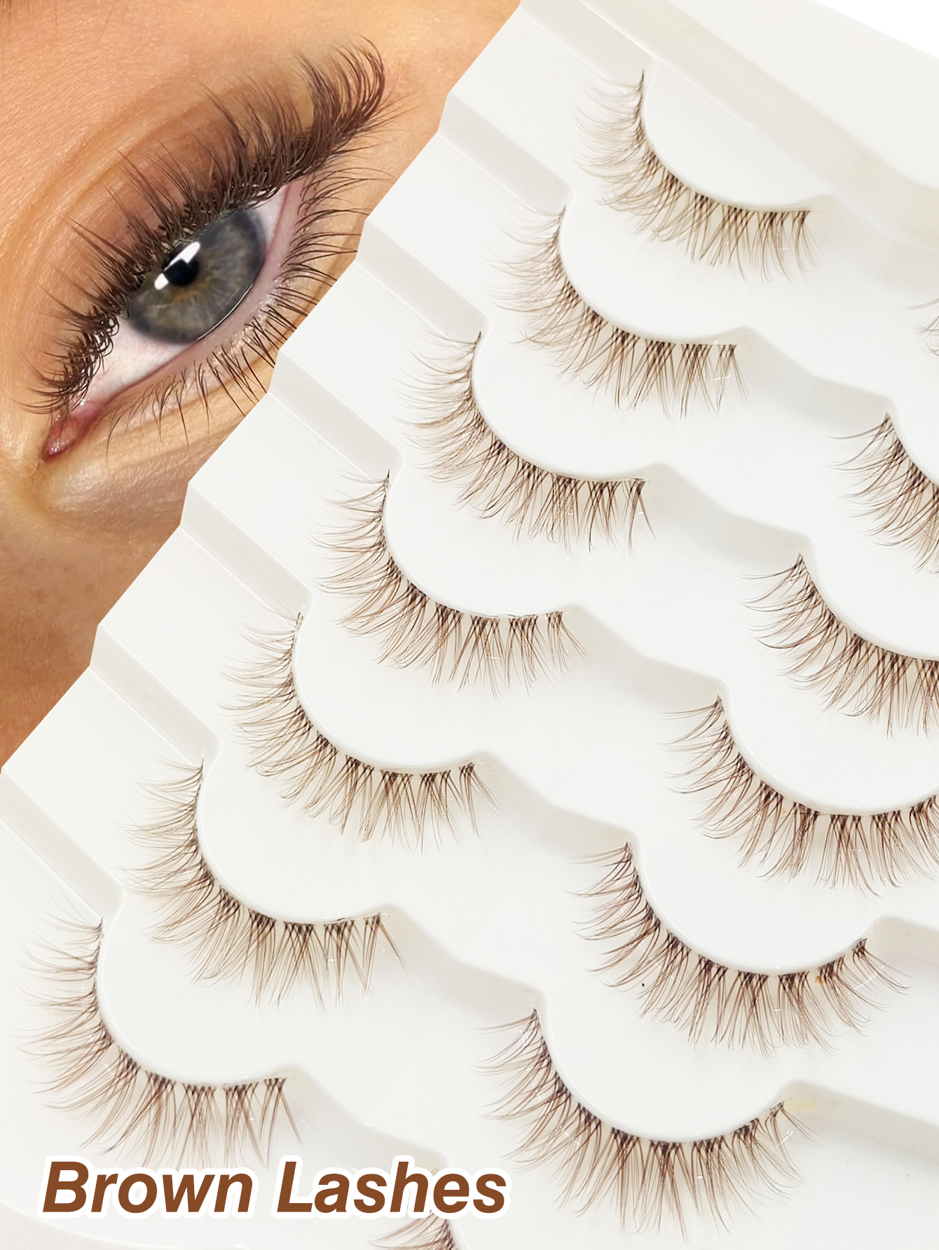 Sibeuna 7 Pairs Brown Lashes Natural Lashes Soft Fluffy Wispy Cat Eye Lashes Suitable For Holiday Party Wedding Travel Vocation Seaside Makeup Full Strip Lashes