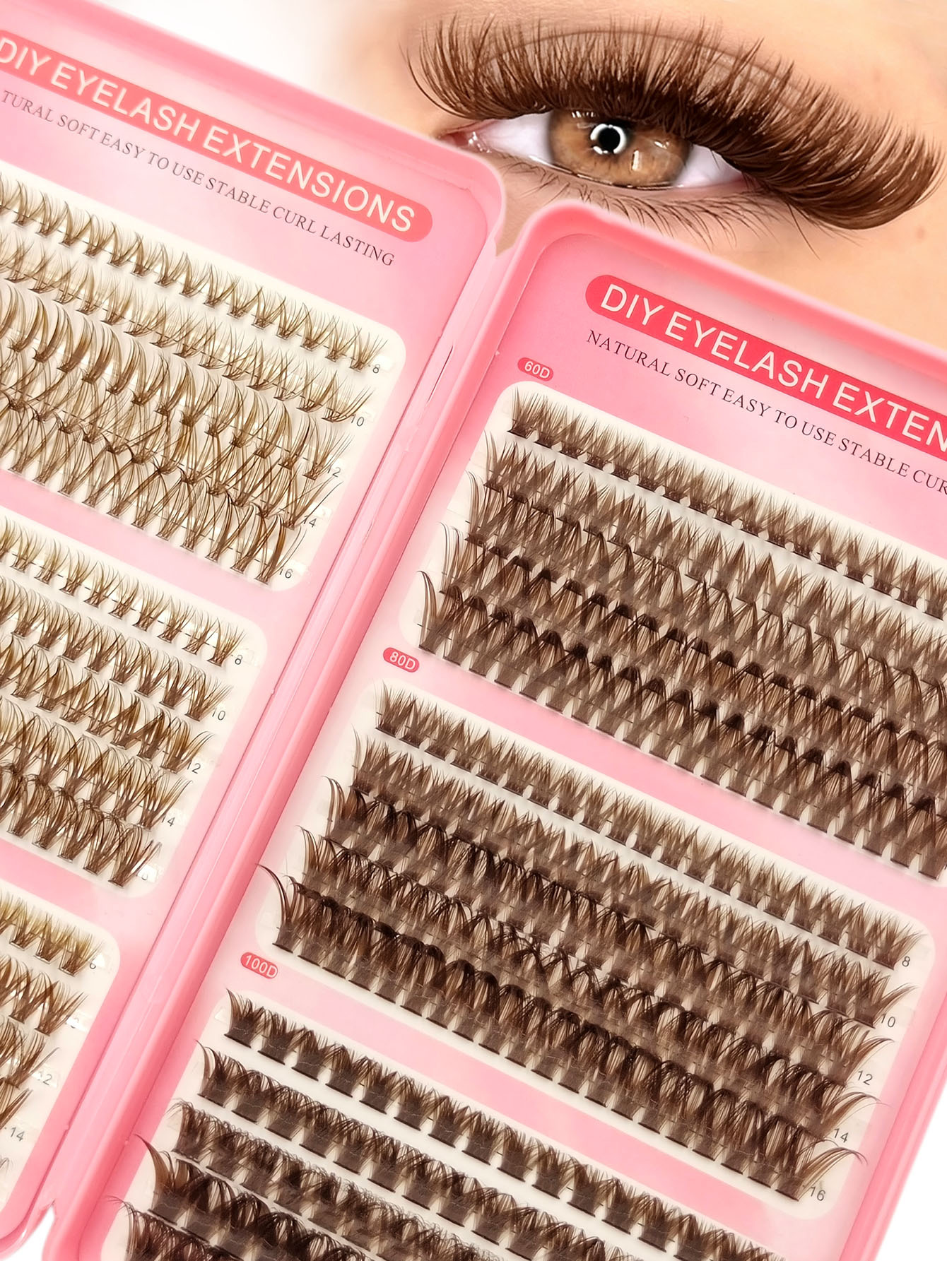 Sibeuna 580Pcs D Curl Brown Clusters Lashes 30D-100D Eyelashes Thick & Dramatic Look Lashes Wispy Daily Soft Light Reusable False Eyelashes Suitable For Beginners Travel Essentials