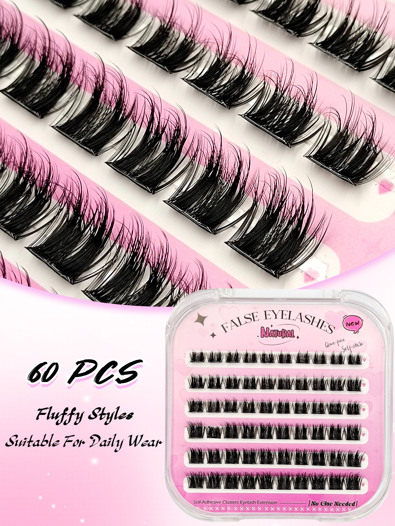 Sibeuna 60PCS D Curl Pre Glued Lashes Fluffy Wispy Eyelashes Natural Look Self Adhesive Eyelashes Reusable DIY Eyelashes Extension For Daily Makeup Tools