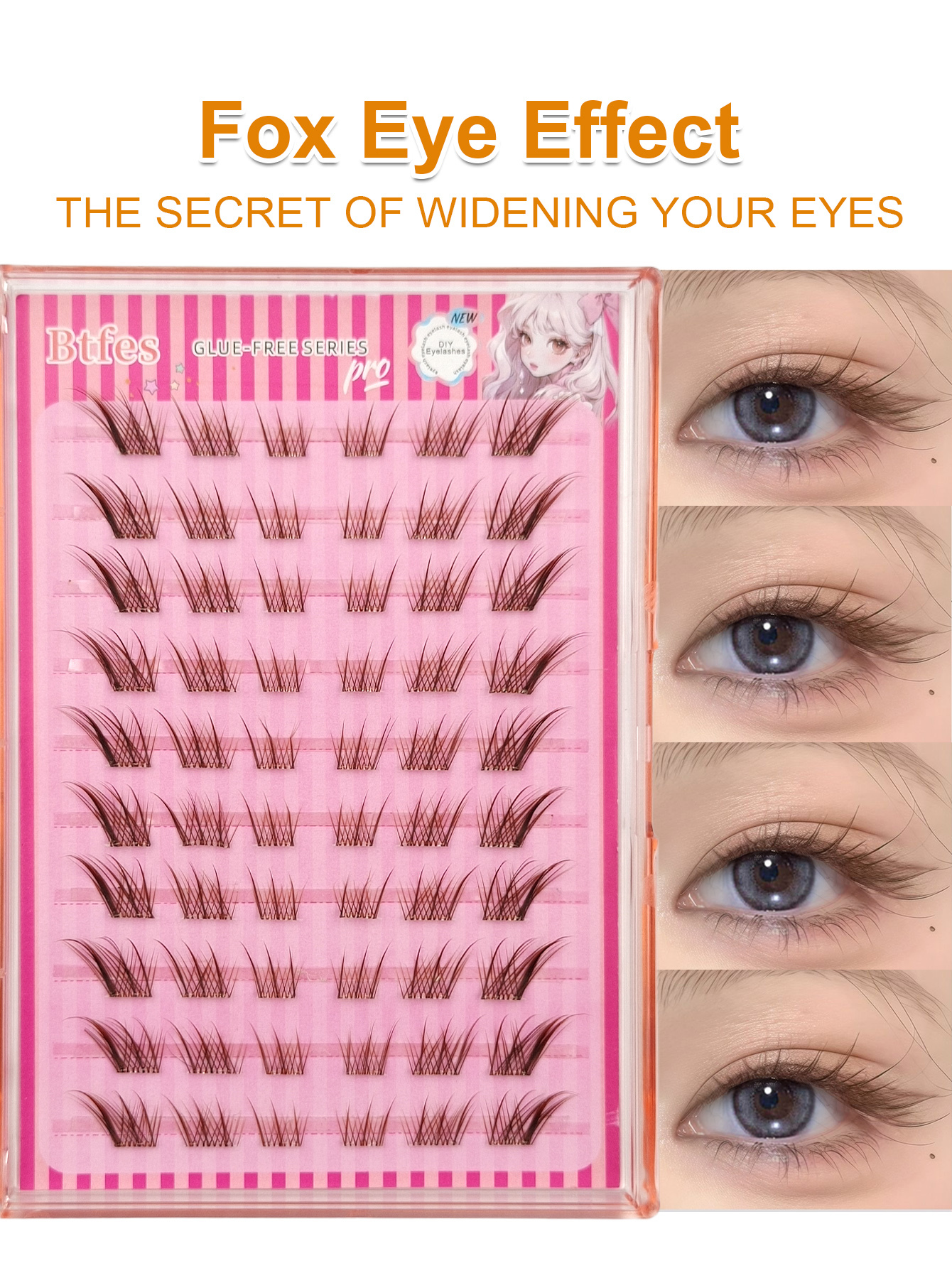Sibeuna 60Pcs Brown No Glue Needed Eyelashes C Curl Fox Eye Lashes End Eye Elongated Self Adhesive Eyelash Fox Style DIY Lashes Natural and Realistic False Eyelashes With Segmented Design Large Capacity Eyelash With Upward-Angled