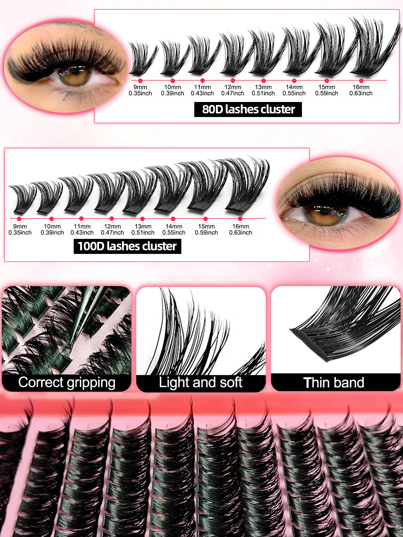 Sibeuna  608PCS Eyelashes Book D Curl Natural&Thick & Fluffy Extension 80D+100D Lashes DIY Cluster Eyelashes Party,Travel,Vocation,Beach Portable Lashes