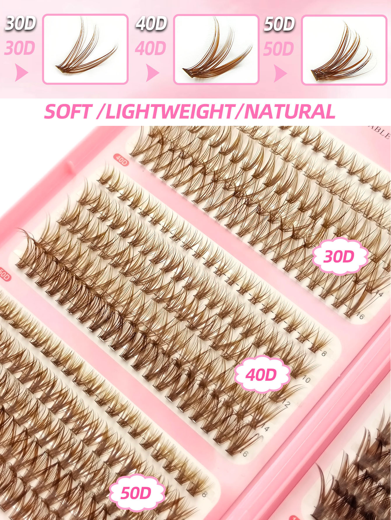 Sibeuna 580Pcs D Curl Brown Clusters Lashes 30D-100D Eyelashes Thick & Dramatic Look Lashes Wispy Daily Soft Light Reusable False Eyelashes Suitable For Beginners Travel Essentials
