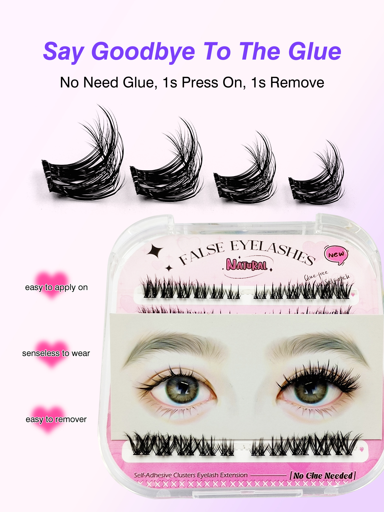 Sibeuna 72 Pcs D Curl Self-Adhesive Cluster Lashes,Cat Eye Lashes DIY Individual Eyelashes,Natural Soft Self Adhesive Lashes,Pre Glued Lashes,No-Glue Lashes,For Daily Style Eye Makeup