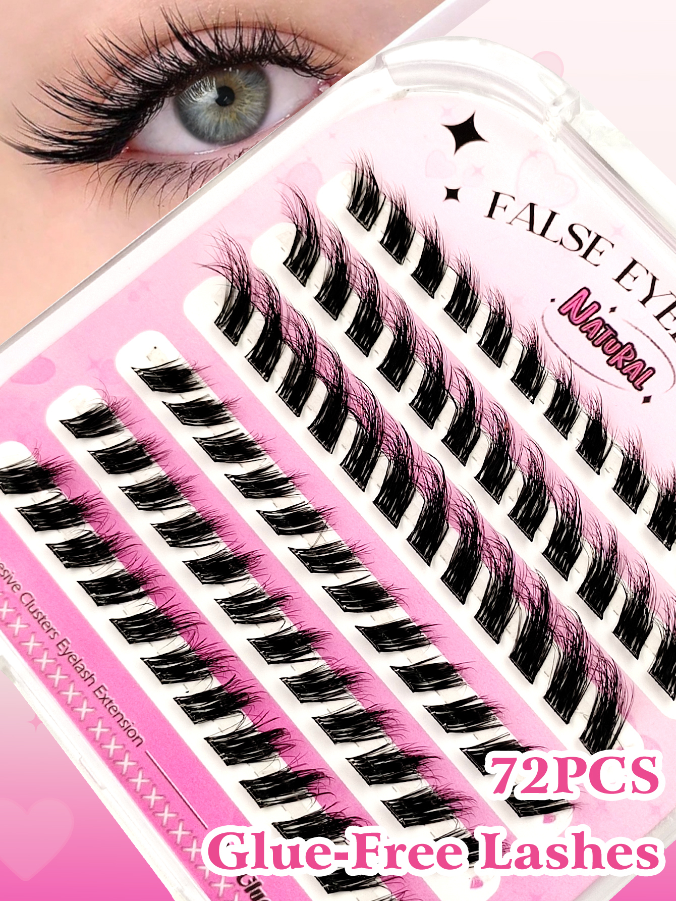 Sibeuna 72 Pcs Self Adhesive Lashes,Fox Eye Lashes,Clear Band Soft Fluffy Wear No Glue Needed Lashes,Natural Makeup Effect,Reusable,Comfortable And Novice Friendly,Self Adhesive Lashes,Pre Glued Lashes