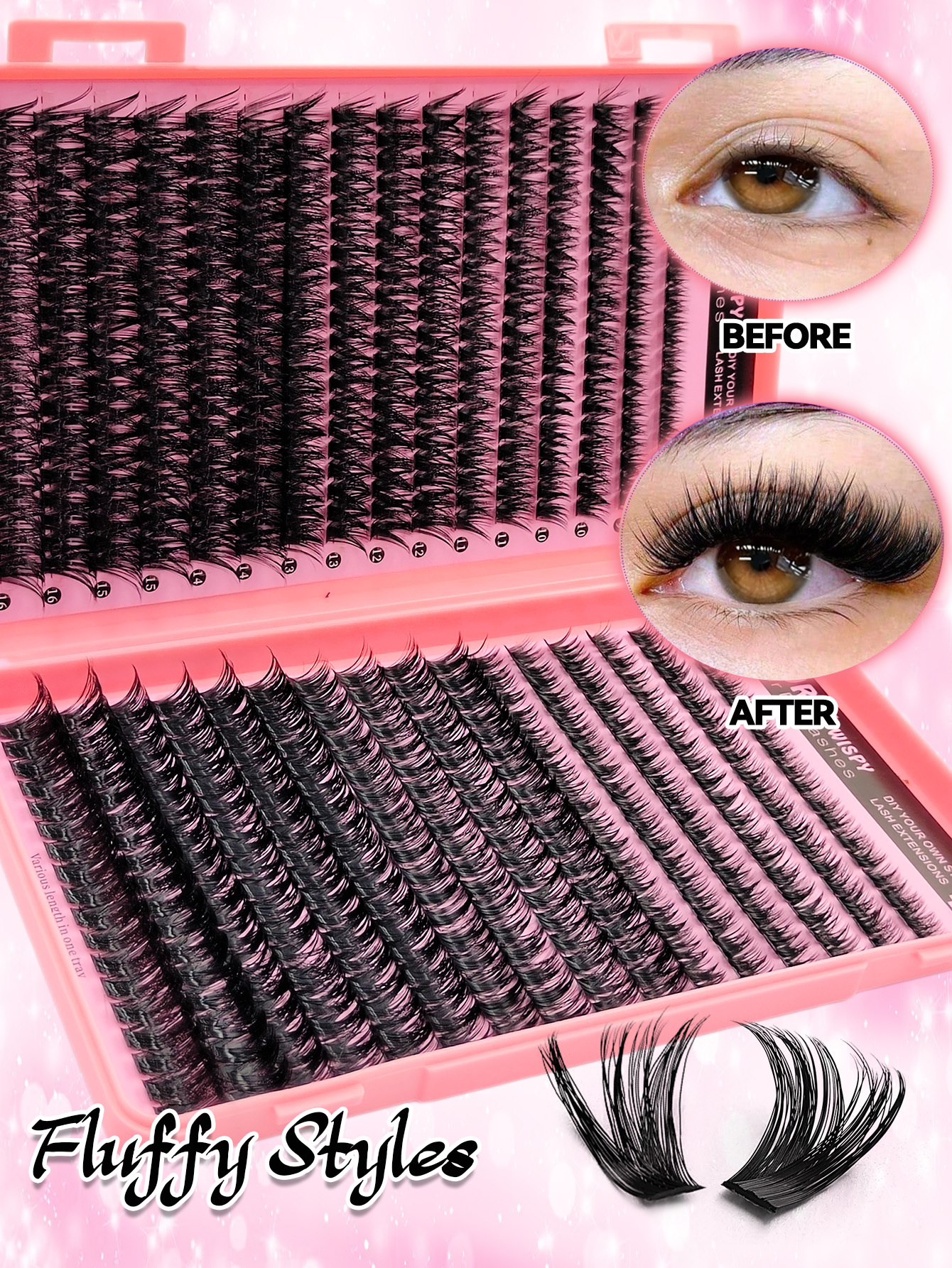 Sibeuna  608PCS Eyelashes Book D Curl Natural&Thick & Fluffy Extension 80D+100D Lashes DIY Cluster Eyelashes Party,Travel,Vocation,Beach Portable Lashes