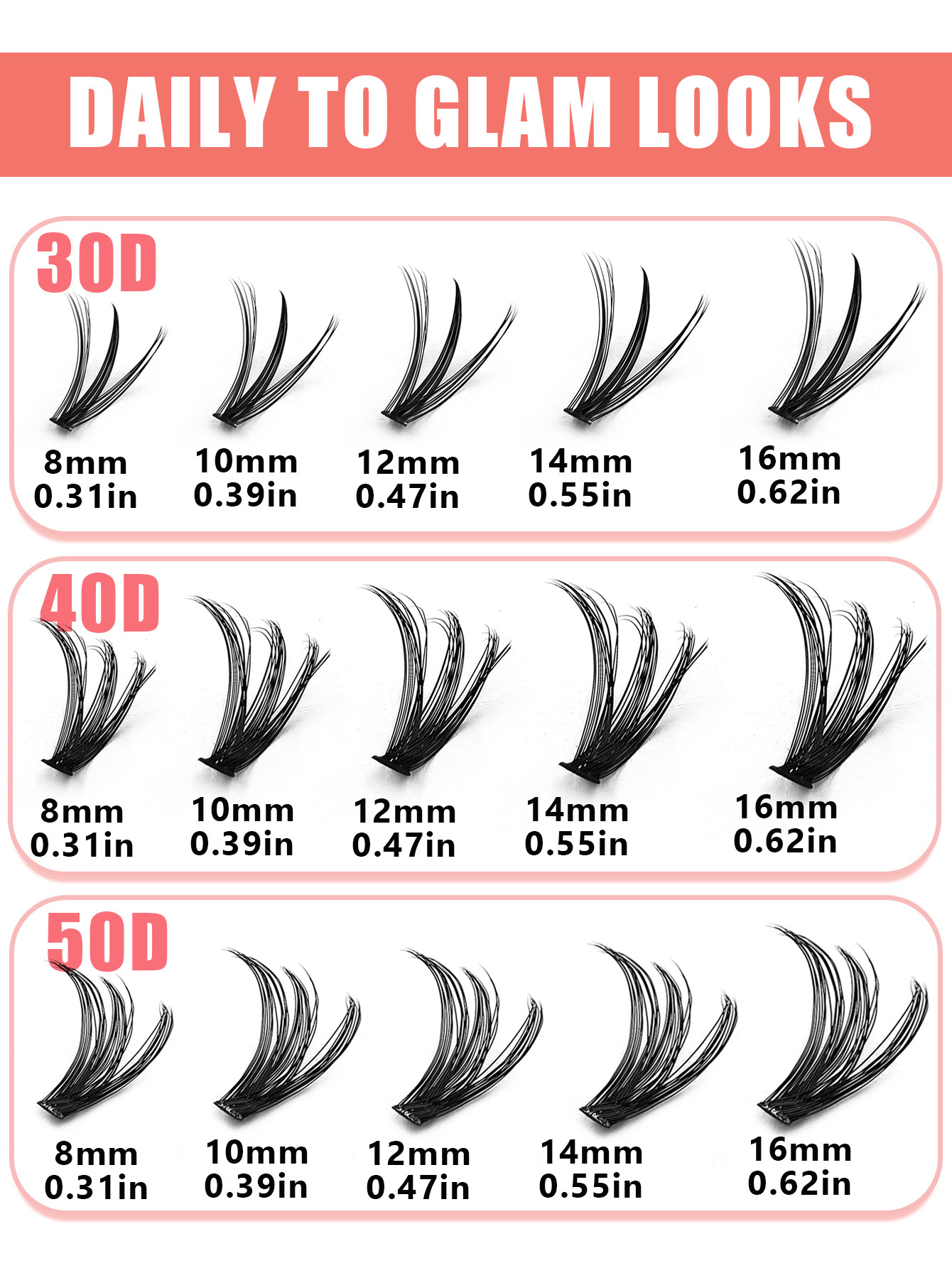 Sibeuna  640PCS 30D+40D+50D Eyelashes Book D Curl Natural & Soft & Fluffy Extension Lashes 3 Styles DIY Cluster Eyelashes For Party,Travel,Vocation,Beach