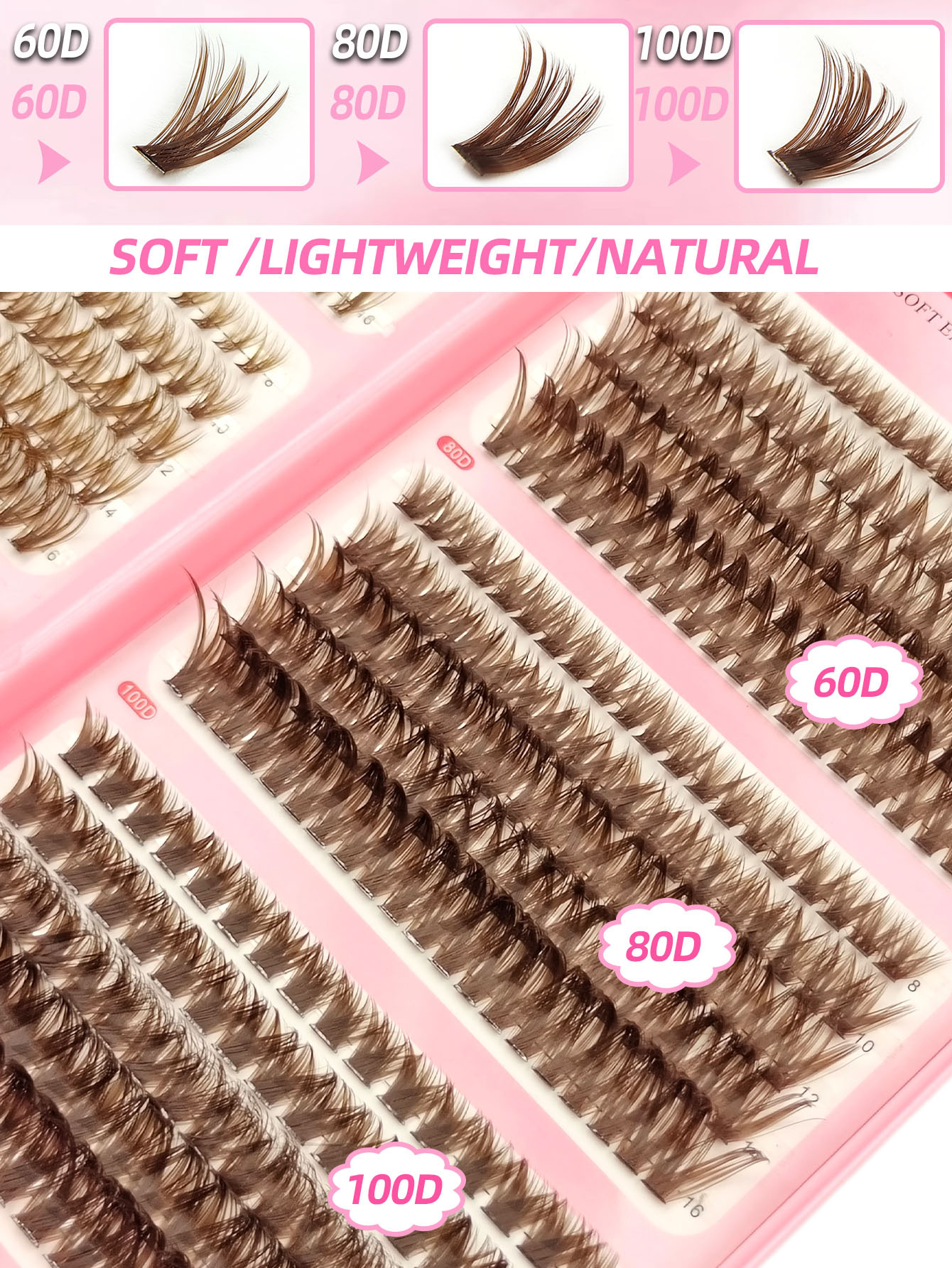 Sibeuna 580Pcs D Curl Brown Clusters Lashes 30D-100D Eyelashes Thick & Dramatic Look Lashes Wispy Daily Soft Light Reusable False Eyelashes Suitable For Beginners Travel Essentials