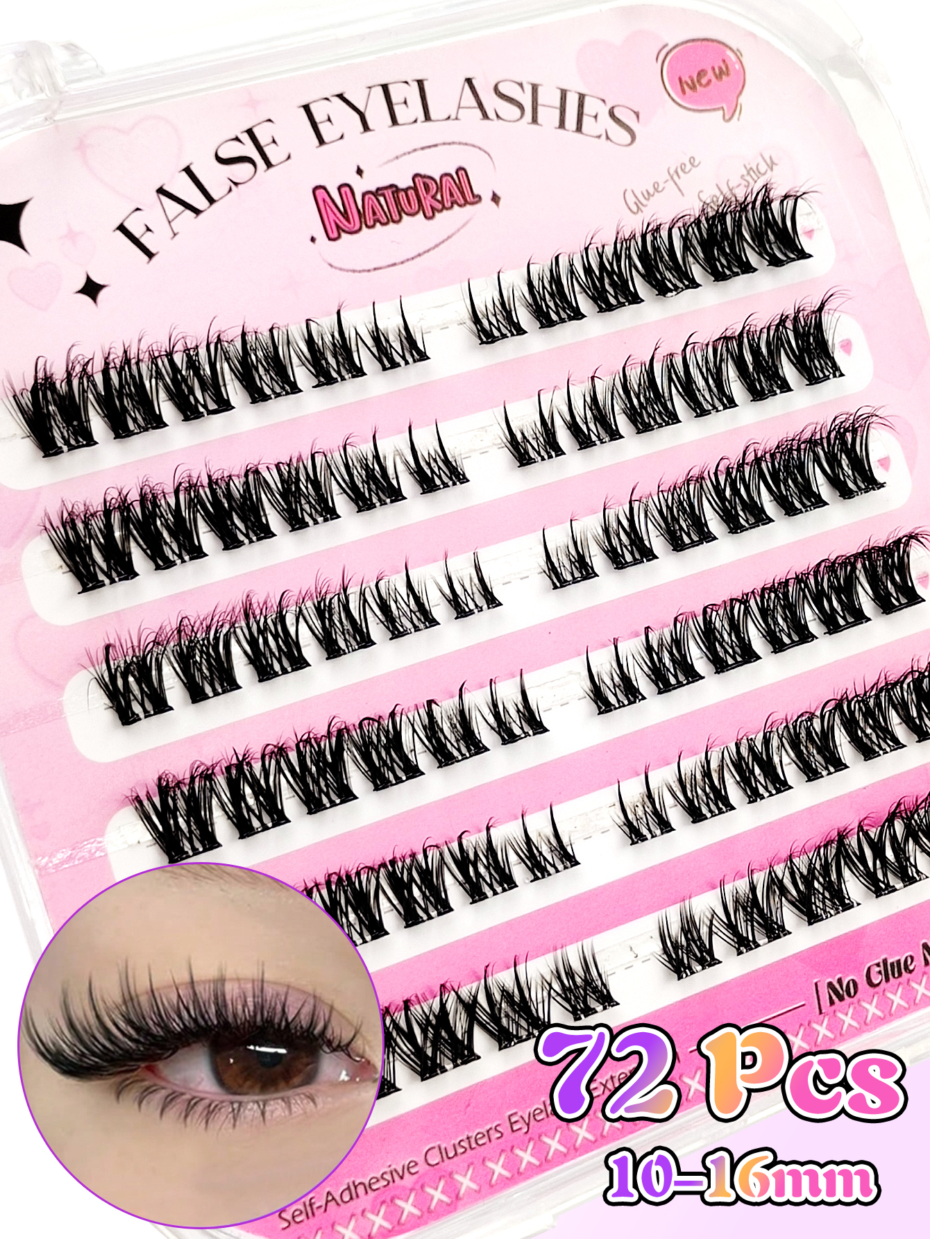 Sibeuna 72 Pcs D Curl Self-Adhesive Cluster Lashes,Cat Eye Lashes DIY Individual Eyelashes,Natural Soft Self Adhesive Lashes,Pre Glued Lashes,No-Glue Lashes,For Daily Style Eye Makeup