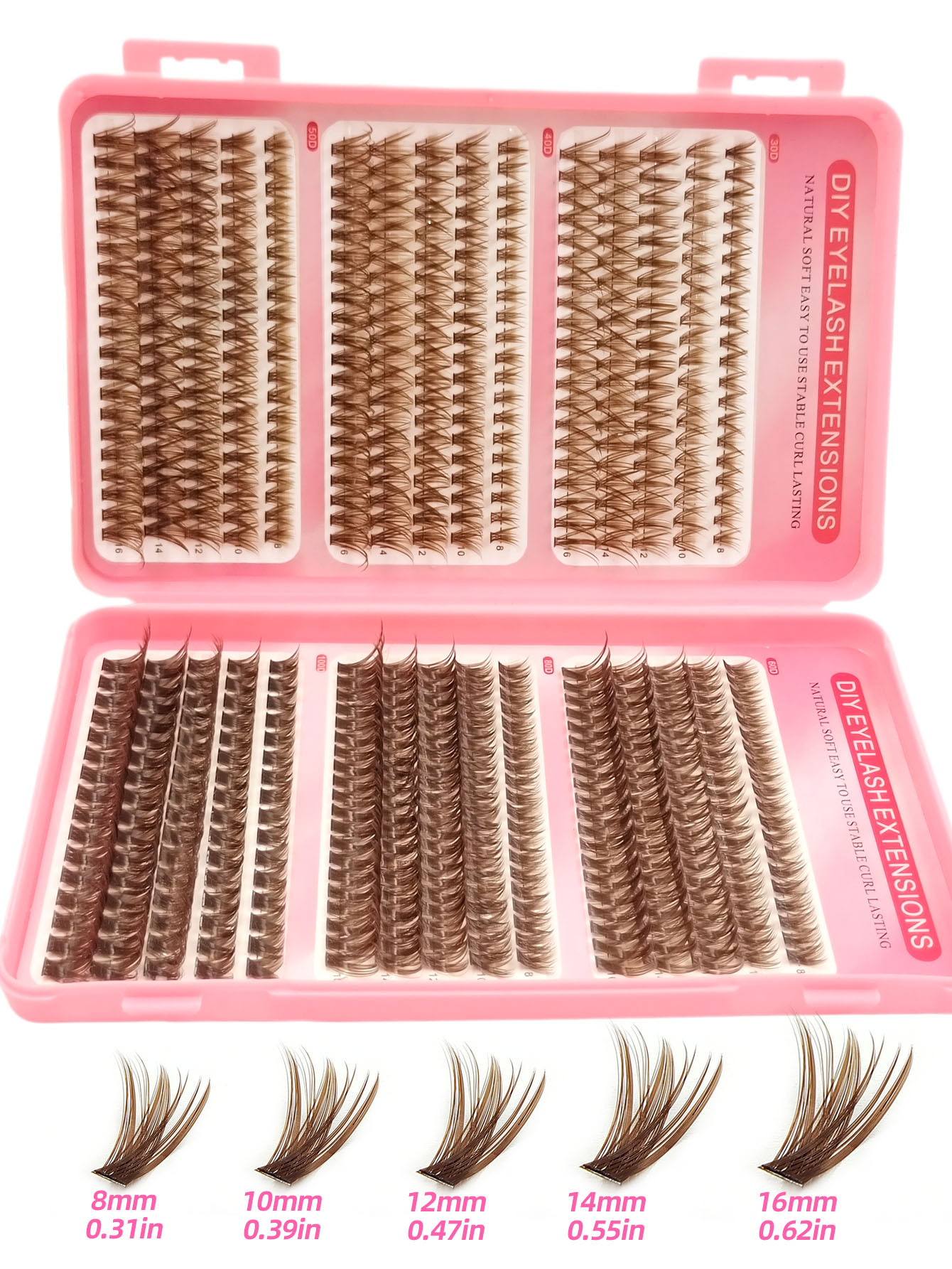Sibeuna 580Pcs D Curl Brown Clusters Lashes 30D-100D Eyelashes Thick & Dramatic Look Lashes Wispy Daily Soft Light Reusable False Eyelashes Suitable For Beginners Travel Essentials