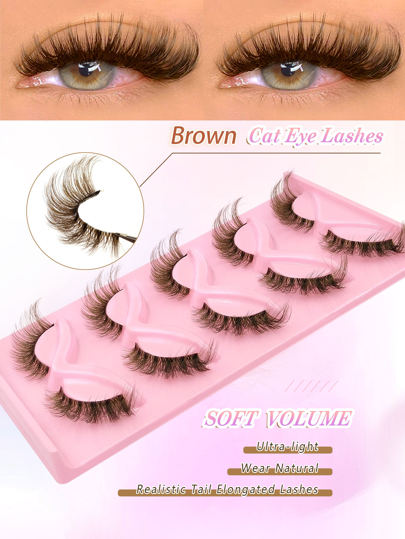 Sibeuna  5 Pairs Brown Eyelashes Natural Lashes Clear Band False Eyelashes Volume Eyelashes Wispy And Charming Eye Makeup Tools