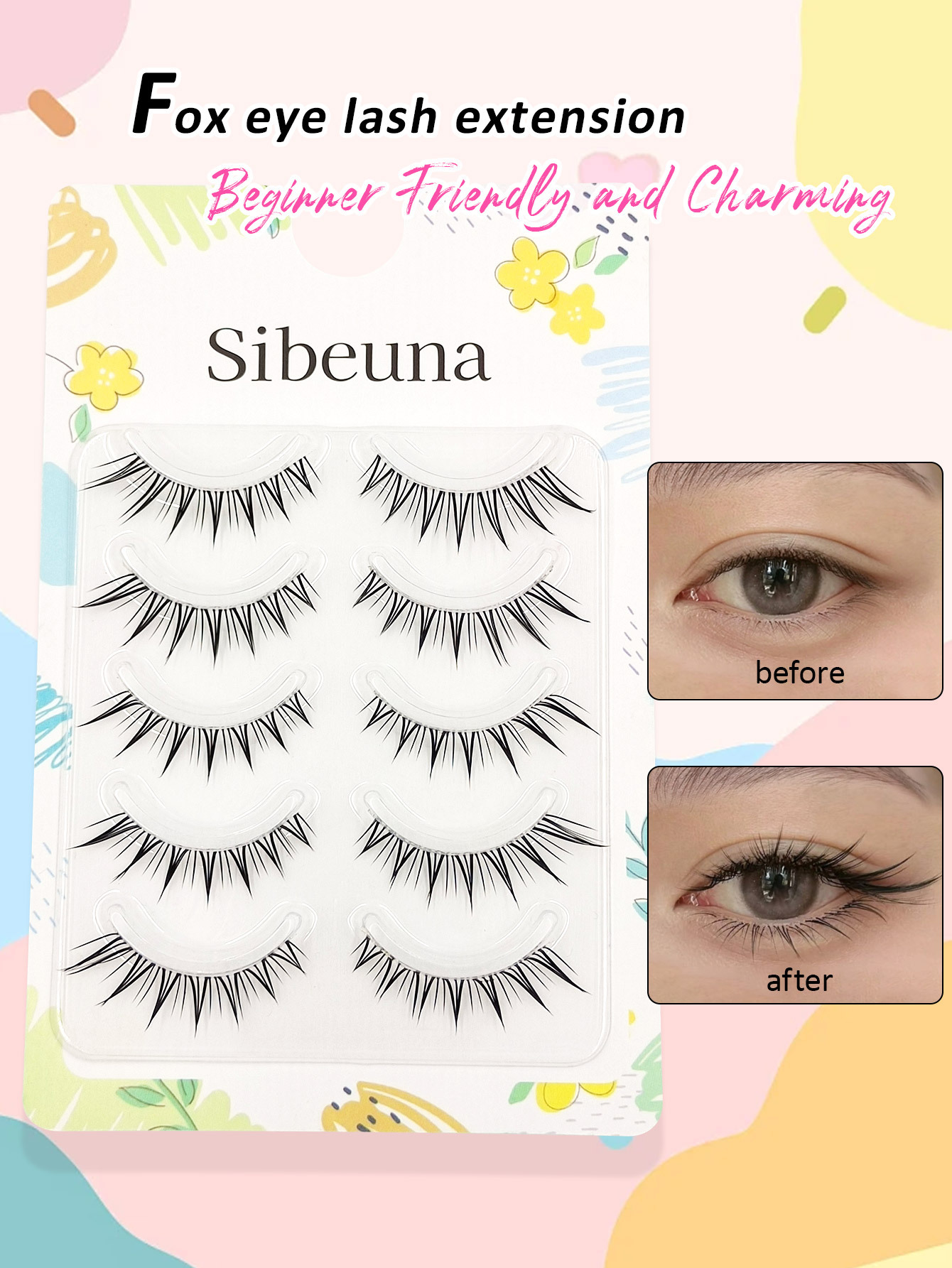 Sibeuna 5 Pairs Fox Eye Lashes Japanese/Korean Style Transparent Stem Idol Group Pointed Tail False Eyelashes, One-Piece Natural Hair Feeling Manga Lashes, Ultra-light Cat Eye Lashes, Suitable For Beginners Strip Lashes,Lashes,Eyelashes, Wet  Lashes