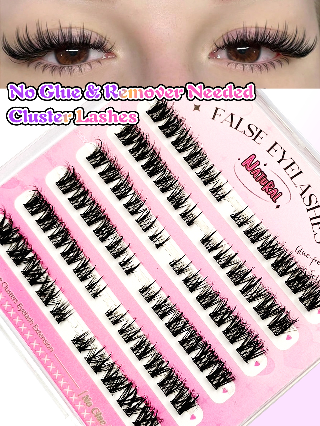 Sibeuna 72 Pcs D Curl Self-Adhesive Cluster Lashes,Cat Eye Lashes DIY Individual Eyelashes,Natural Soft Self Adhesive Lashes,Pre Glued Lashes,No-Glue Lashes,For Daily Style Eye Makeup